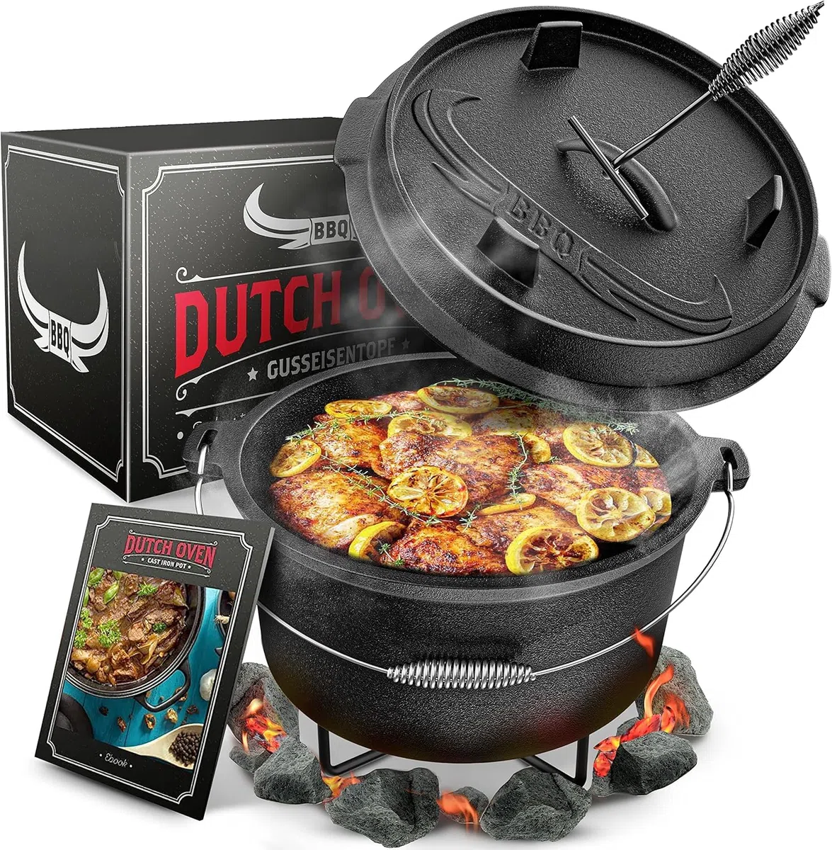 Horno holandés para barbacoa [El original] – Juego de horno holandés [7 L] – Adecuado para inducción – Con soporte de olla – Olla de hierro fundido