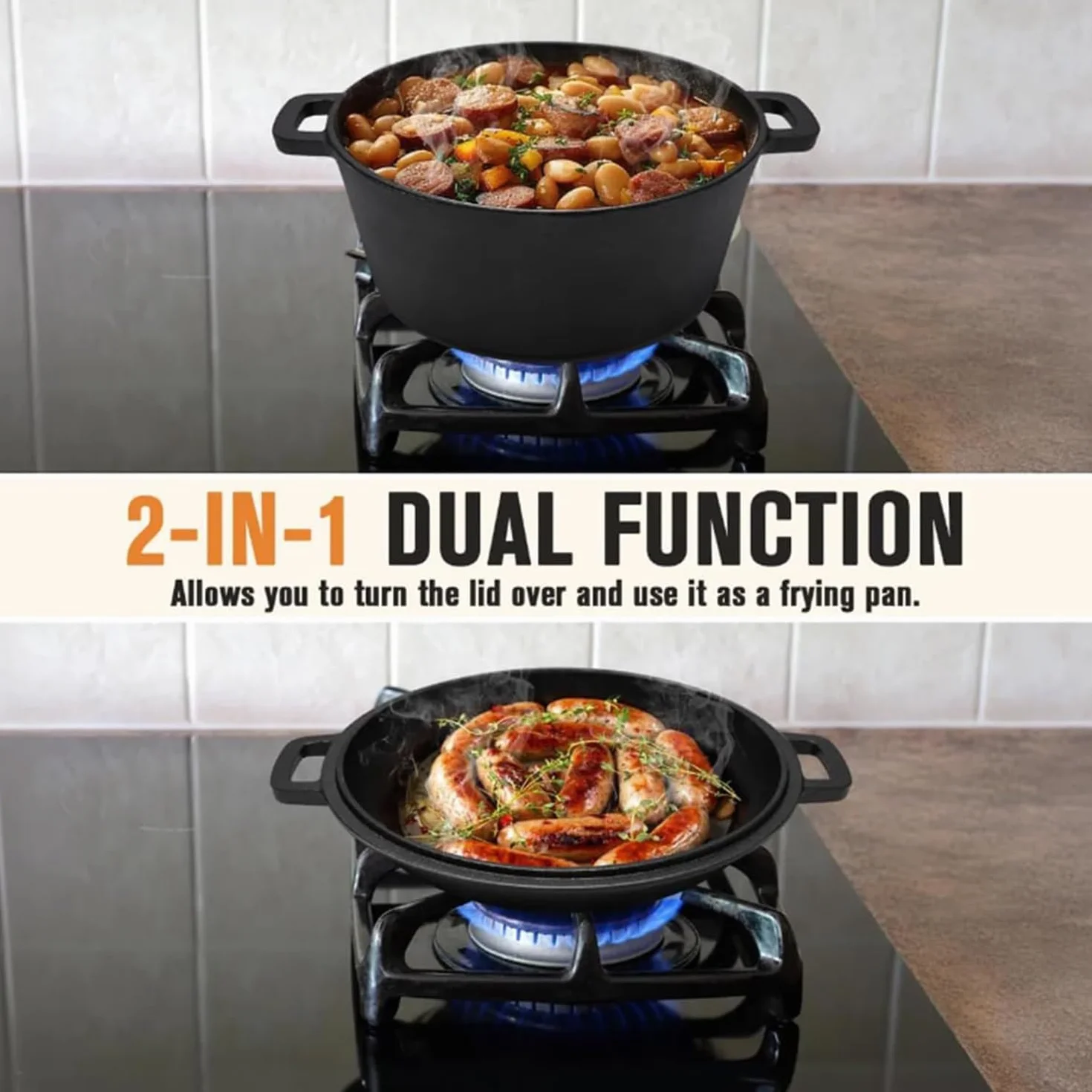 Olla de horno holandés de hierro fundido de 5QT (Kit de inicio para masa madre con cesta de fermentación, cuchilla y tapa - Ideal para hornear pan) (Cocina familiar, freír, guisar y barbacoa)