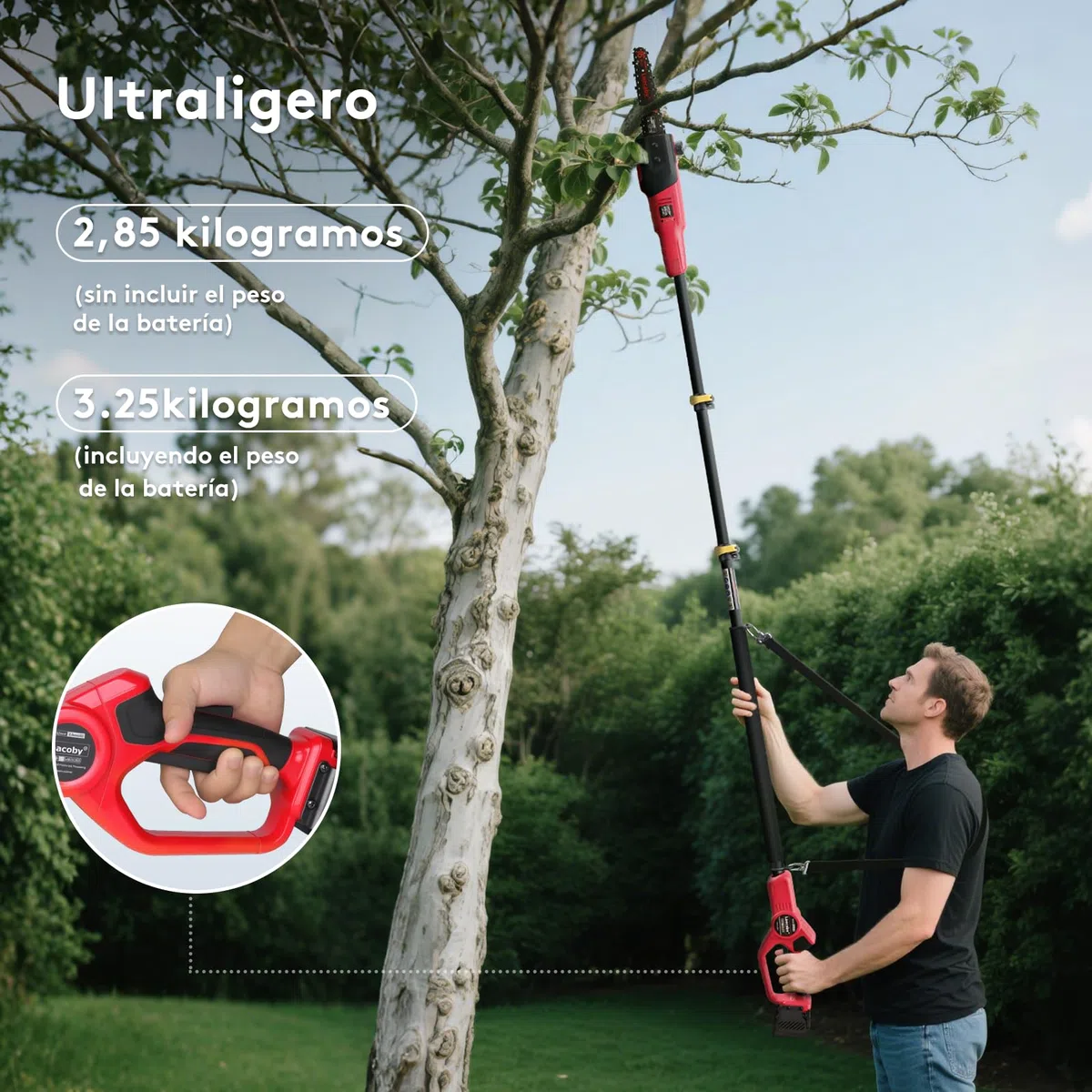 Laecabv Podadora telescópica, sierra de barra telescópica, sierra podadora eléctrica, batería 21 V 4 Ah y cargador, diámetro de corte 18 cm, velocidad de la cadena 8 m/s, autolubricante, ampliable