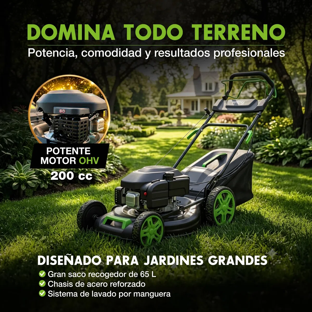 Cortacésped Gasolina autopropulsado 200cc 51 cm con Mulching y Saco 65l, chasis metálico Reforzado. Corta césped rápidamente sin Esfuerzo con su tracción Trasera. cortacésped Gasolina Profesional