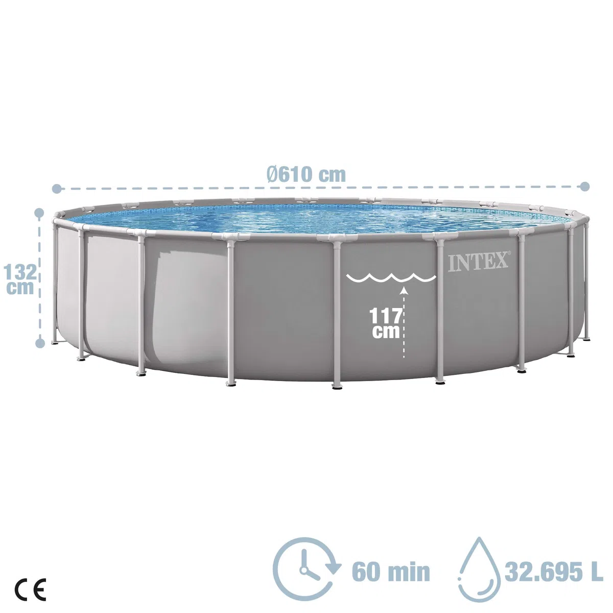 Intex - Piscina Desmontable, Gris, D610x132 cm, Capacidad para 32.695 litros, Escalera, Tapiz, Cobertor, Estructura metálica, Montaje 60 Minutos, Conexiones Ø38 mm (56087)