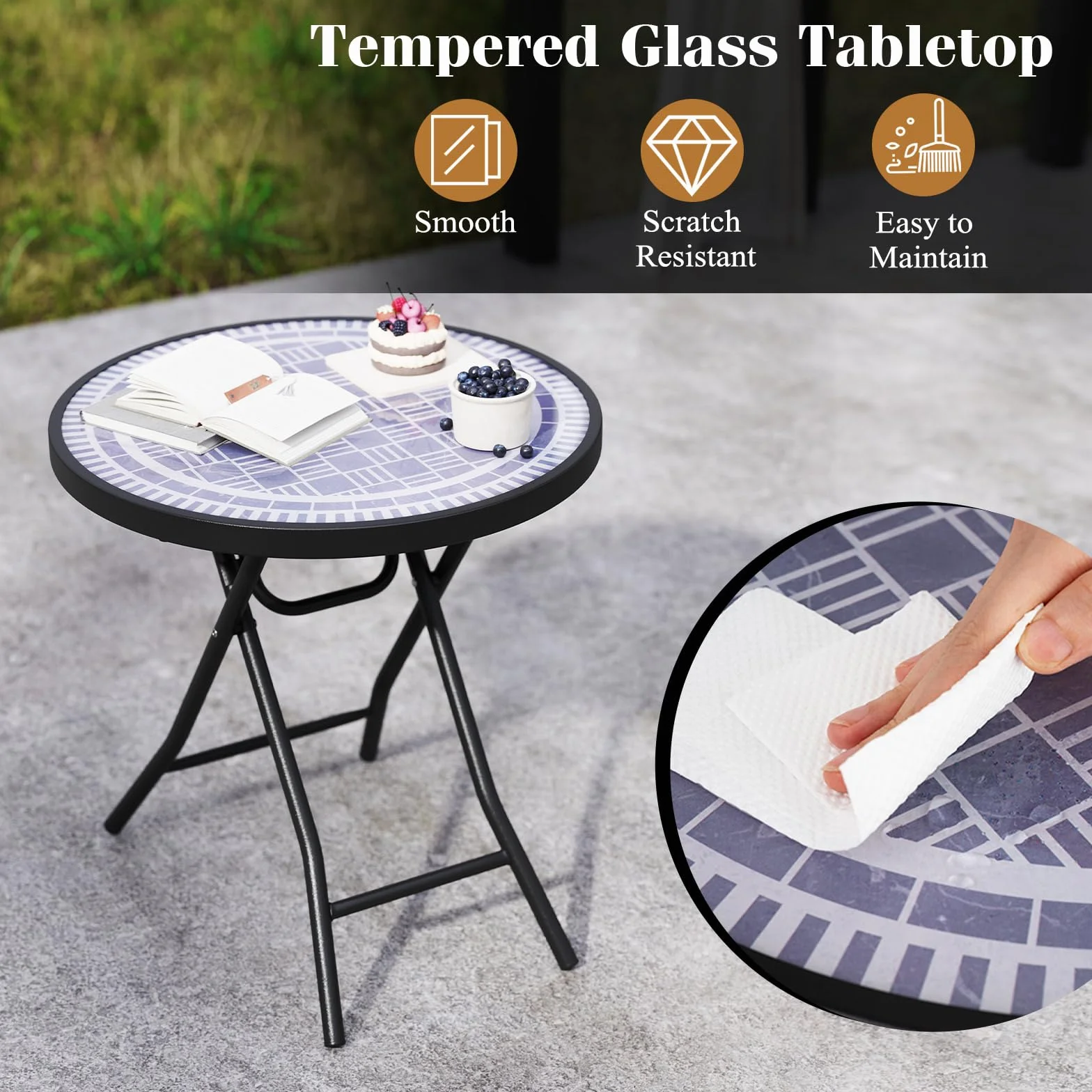 KOMFOTTEU Mesa de Jardín de Vidrio Templado de 46 cm, Mesa Auxiliar Plegable con Marco de Metal, Mesa de Comedor Redonda para Patio, Terreza, Balcón, Mesa Lateral para Interior y Exterior (Gris)