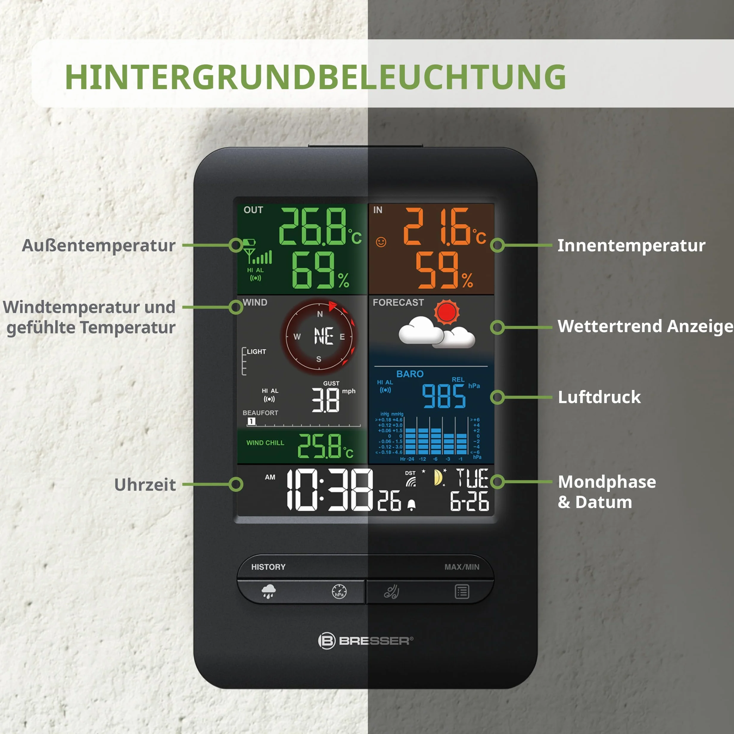 Bresser Beaufort Estación meteorológica Wireless con sensor exterior, 5 en 1: temperatura, humedad, viento, presión atmosférica y precipitaciones