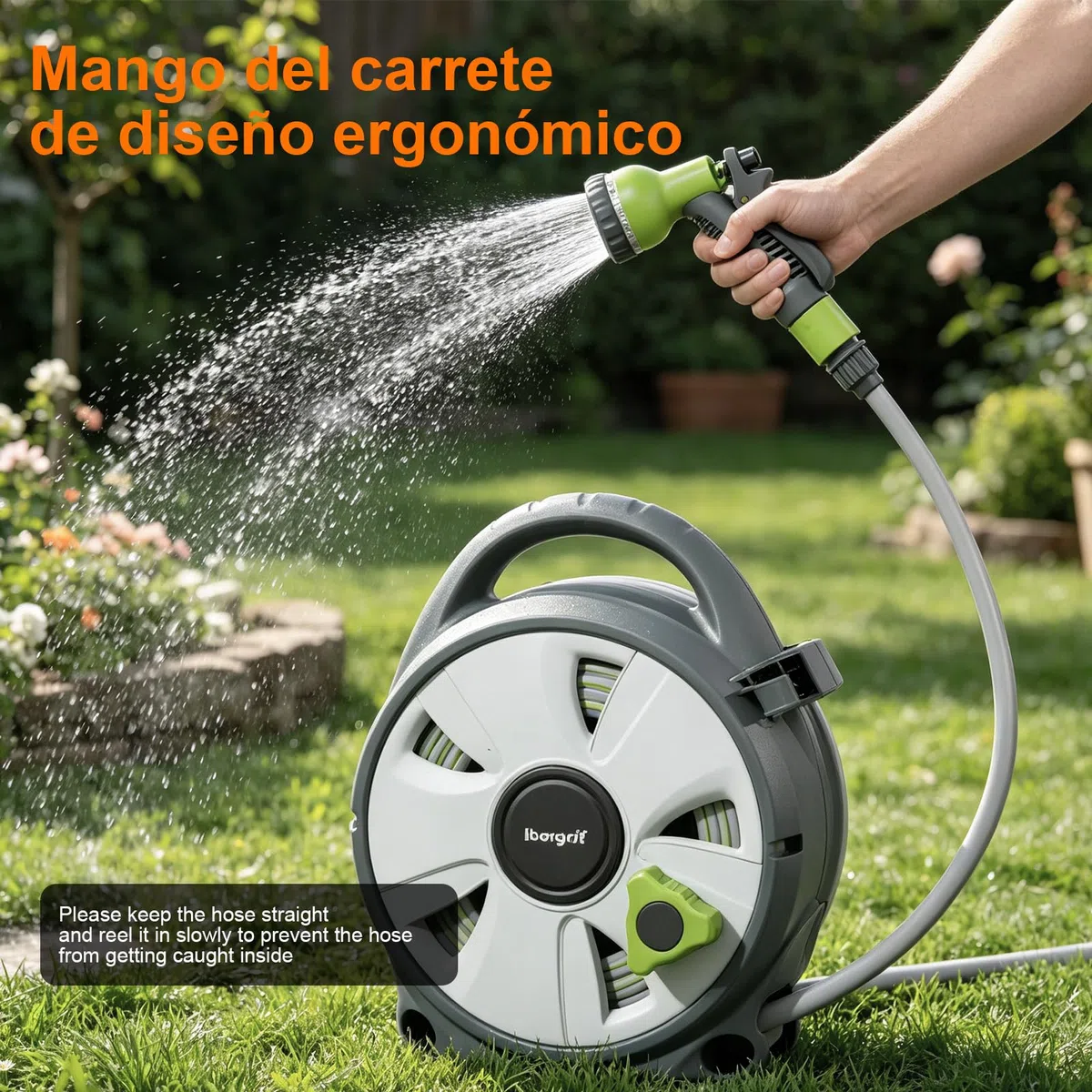 Ibegrif M22220, Enrollador de manguera de jardín, Portamangueras 10 m, Gris/Verde