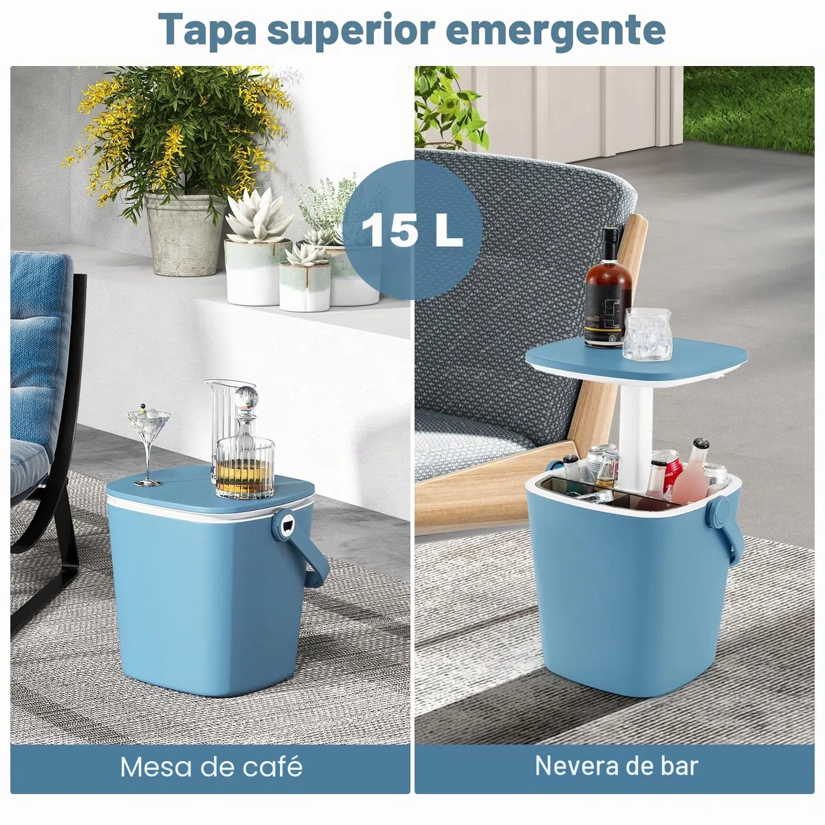 GOPLUS Mesa Nevera Jardín 15 L, Mesa de Cóctel Portátil con Abridor de Botellas y Tapa Elevable, Cool Bar para Picnic Fiesta Camping Patio Terraza Jardin (Azul)
