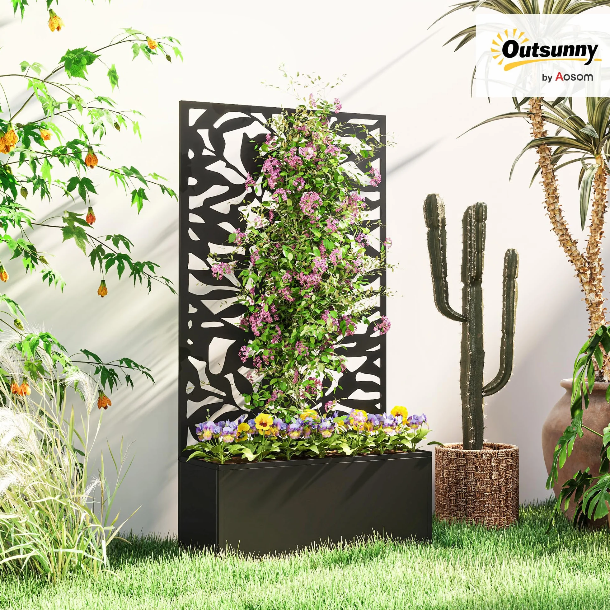 Outsunny Jardinera Exterior Grande de Metal Jardinera con Pantalla de Privacidad de Hojas Sólidas Decorativas Jardinera de Pared o Independiente para Patio Terraza 61x23x113 cm Negro
