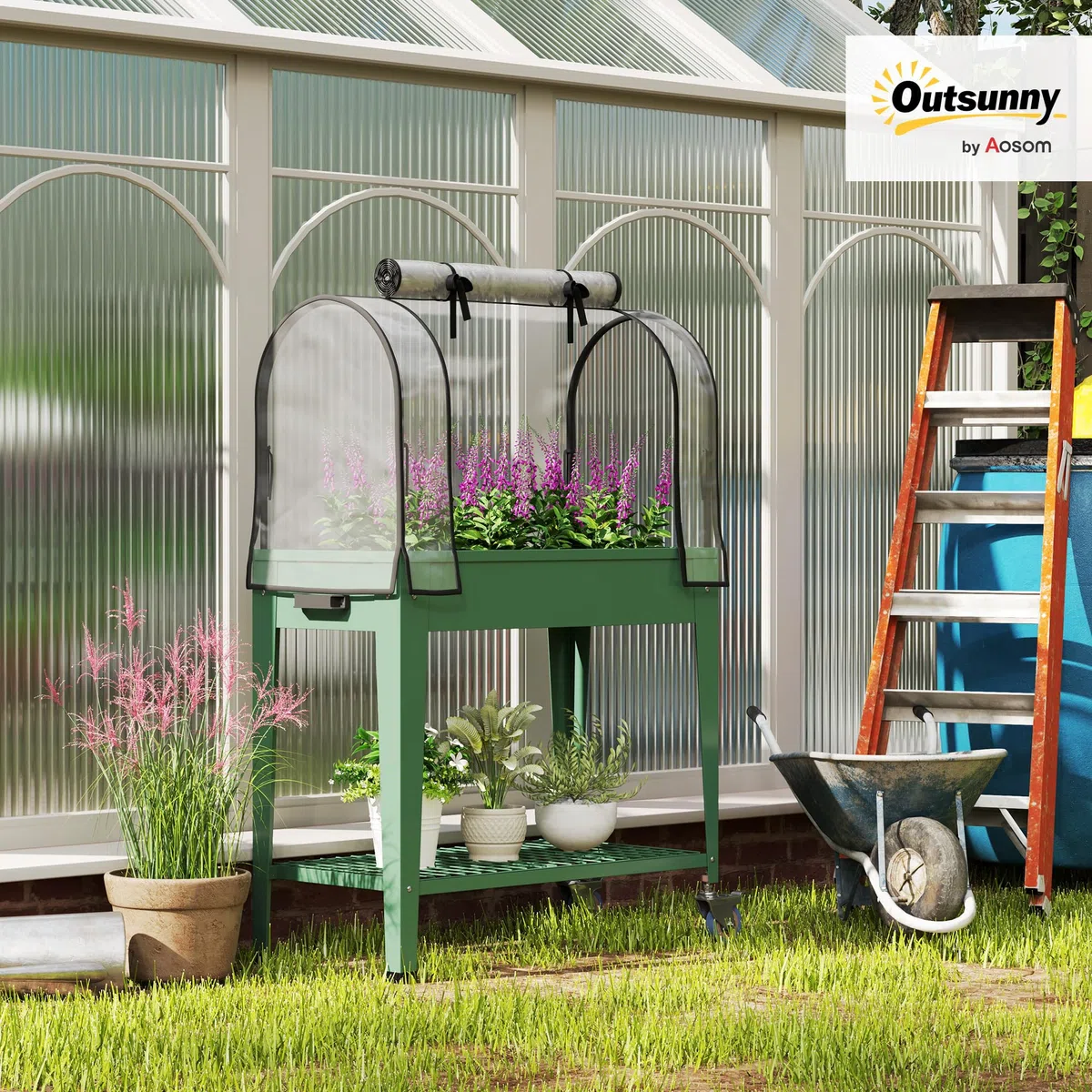 Outsunny Huerto Urbano Elevado con Ruedas, Mesa de Cultivo con Cubierta PVC de Invernadero y Estante Inferior para Cultivo, Plantas, Flores y Verduras, 80x40x120 cm, Verde