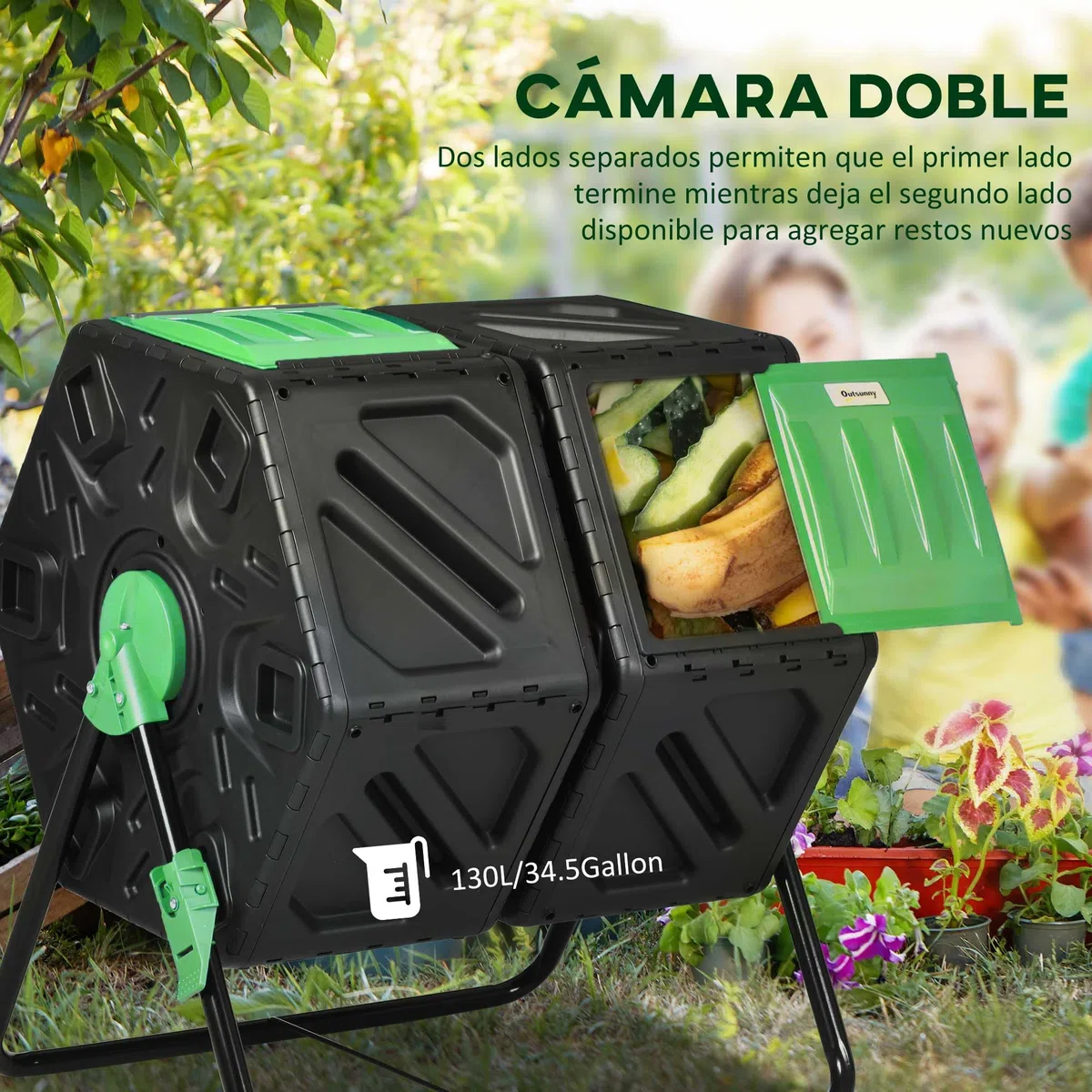 Outsunny Compostador Giratorio de 130L Contenedor de Compostaje de Jardín de Doble Cámara Compostadora con Aberturas de Ventilación y Patas de Acero 67x60x77 cm Negro