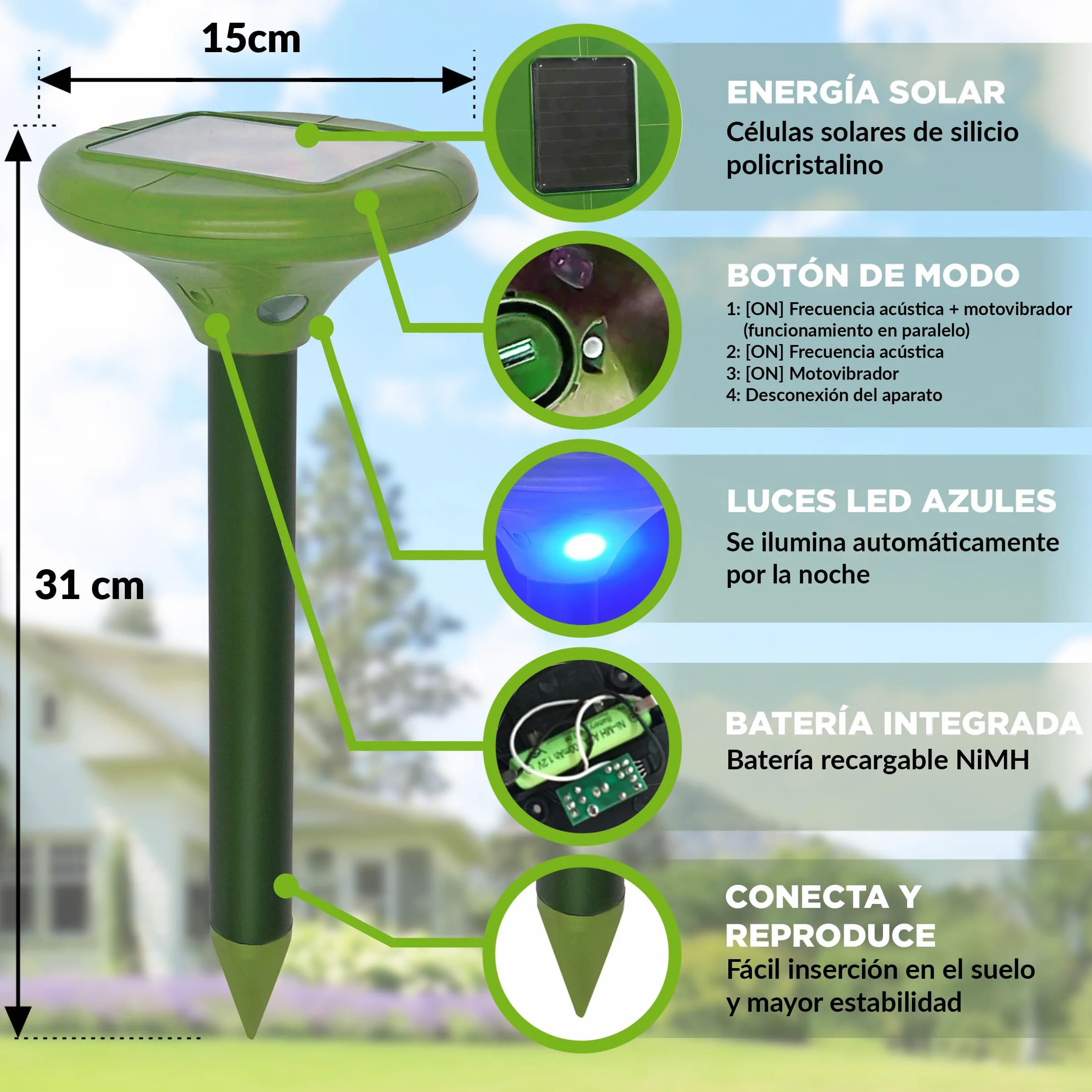 ISOTRONIC Repelente para Topos, topillos y Serpientes: Repelente Solar con estaca para jardín con Alcance Efectivo de 1250 m² (3 Unidades).