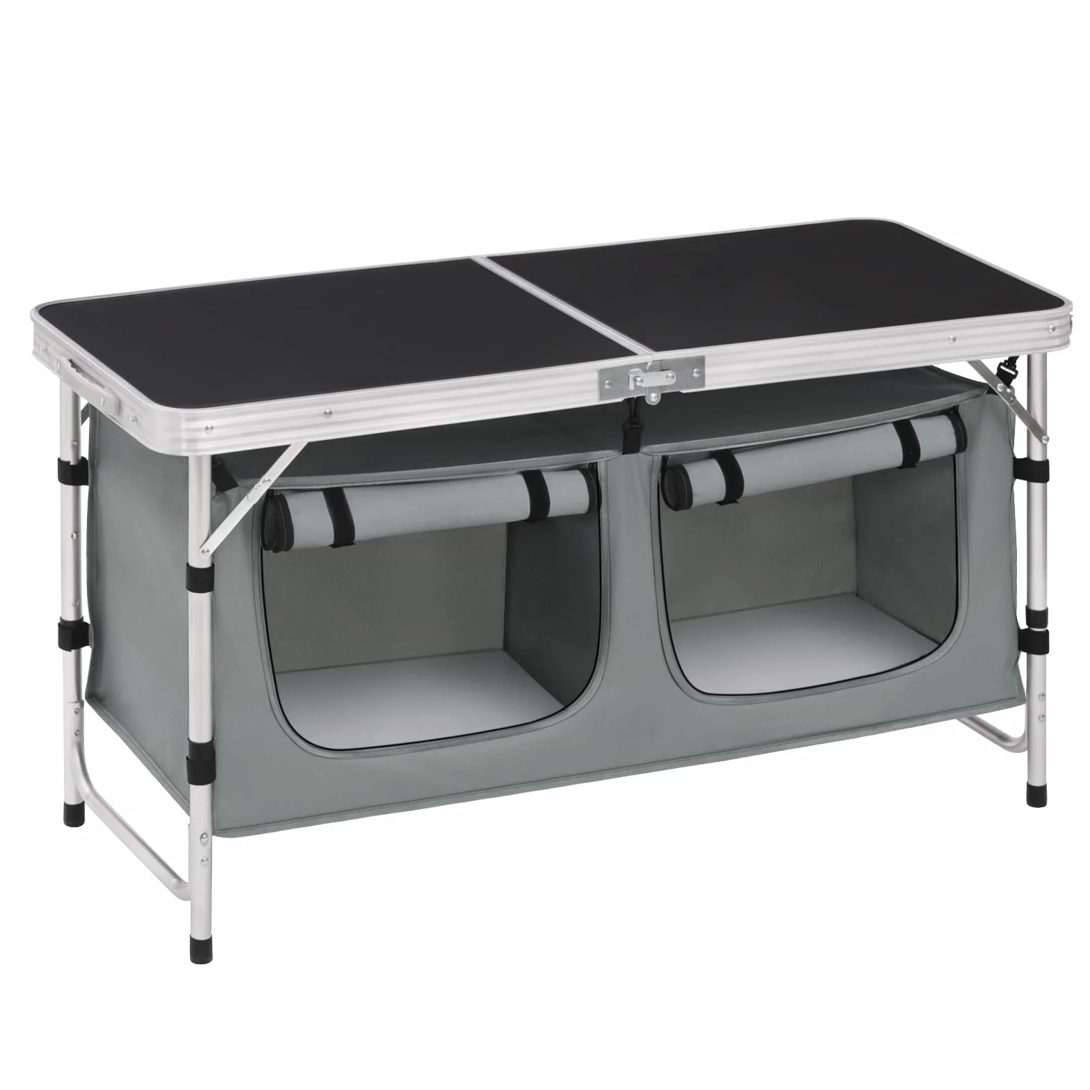 WOLTU Mesa de Camping Cocina de Acampada Málaga Mesita Plegable de Aluminio, Mesas de Picnic Altura Ajustable 120x47x62/69.5 cm, Negro+Gris