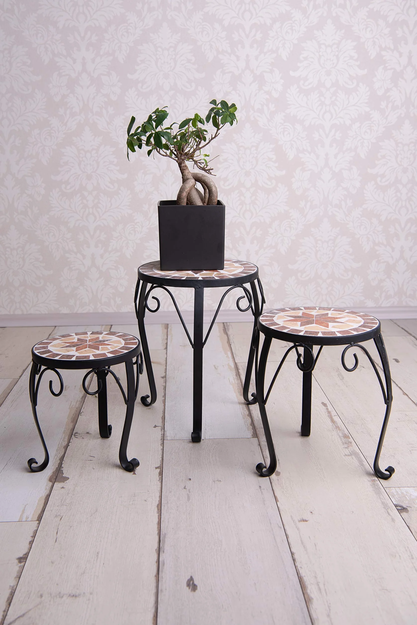 Dszapaci Juego de 3 taburetes para flores, diseño de mosaico, redondo, soporte para flores, metal, terraza, soporte para plantas, de cerámica (juego de 3)