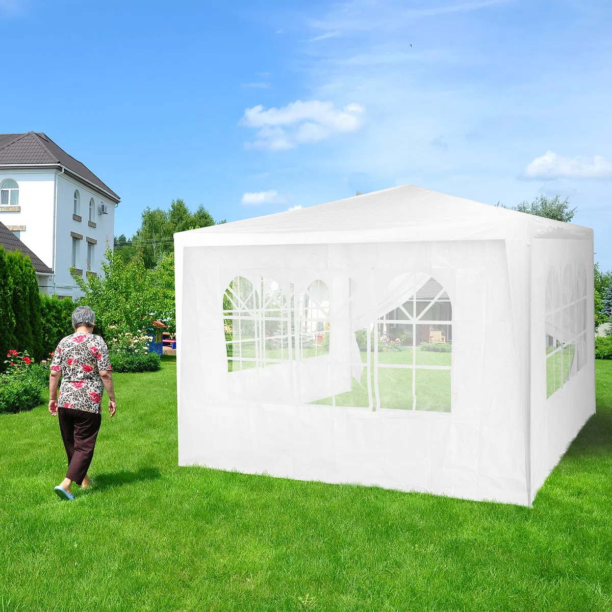 Relaxdays Laterales Carpa, Set de 4, 2x3m, Paredes Cenador, Ventana y Cremallera, Impermeable, Plástico PVC y PE, Blanco