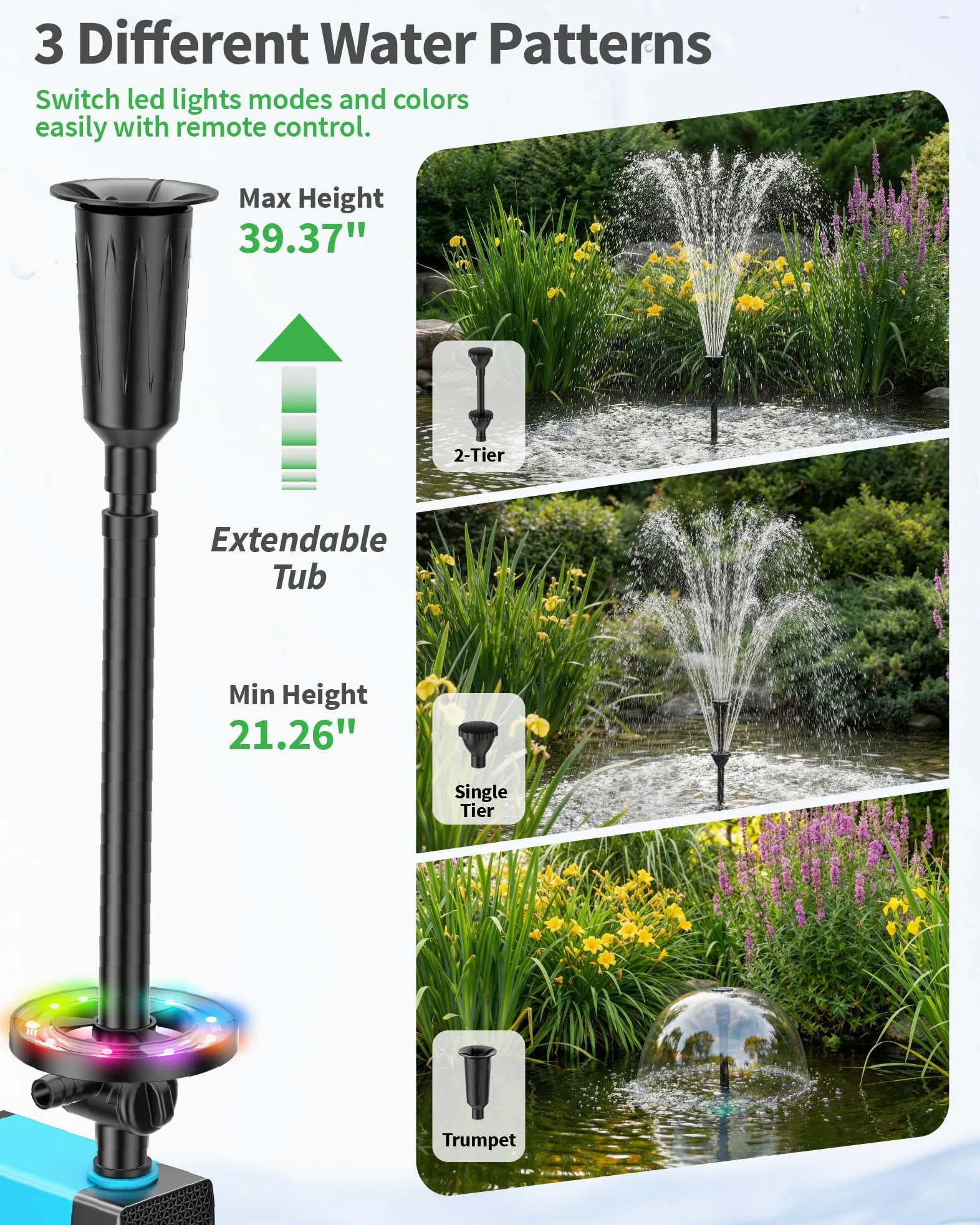 POPOSOAP Fuente para Estanque con Luces RGB - Bomba Sumergible 40W, Caudal 2100 l/h, Altura y Caudal Ajustables para Decoración Diurna y Nocturna del Estanque y Mejora de la Calidad del Agua