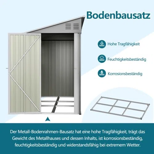 Cobertizo de metal de 4 x 10 pies con kit de suelo, cobertizo de jardín resistente con techo reprimido, puerta doble (se puede montar a la izquierda/derecha), 2 ventanas y ventilación, cobertizo
