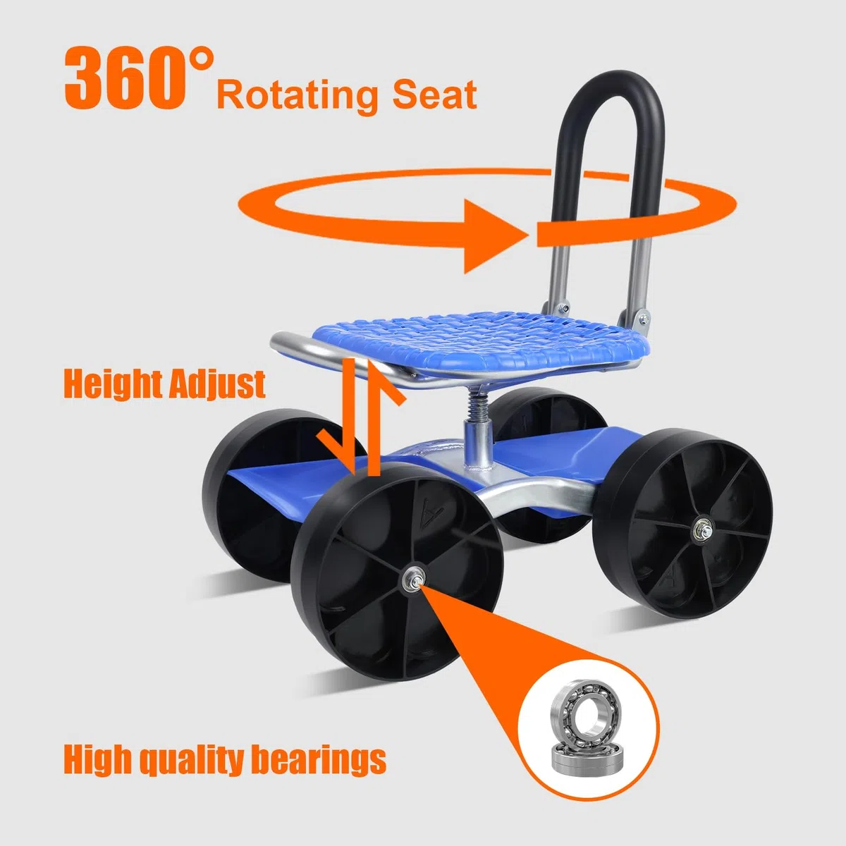 Taburete de jardín con ruedas, silla de jardín giratoria de 360 grados, carrito de jardinería plegable con soporte para herramientas, carrito rodante de altura ajustable para trabajos de