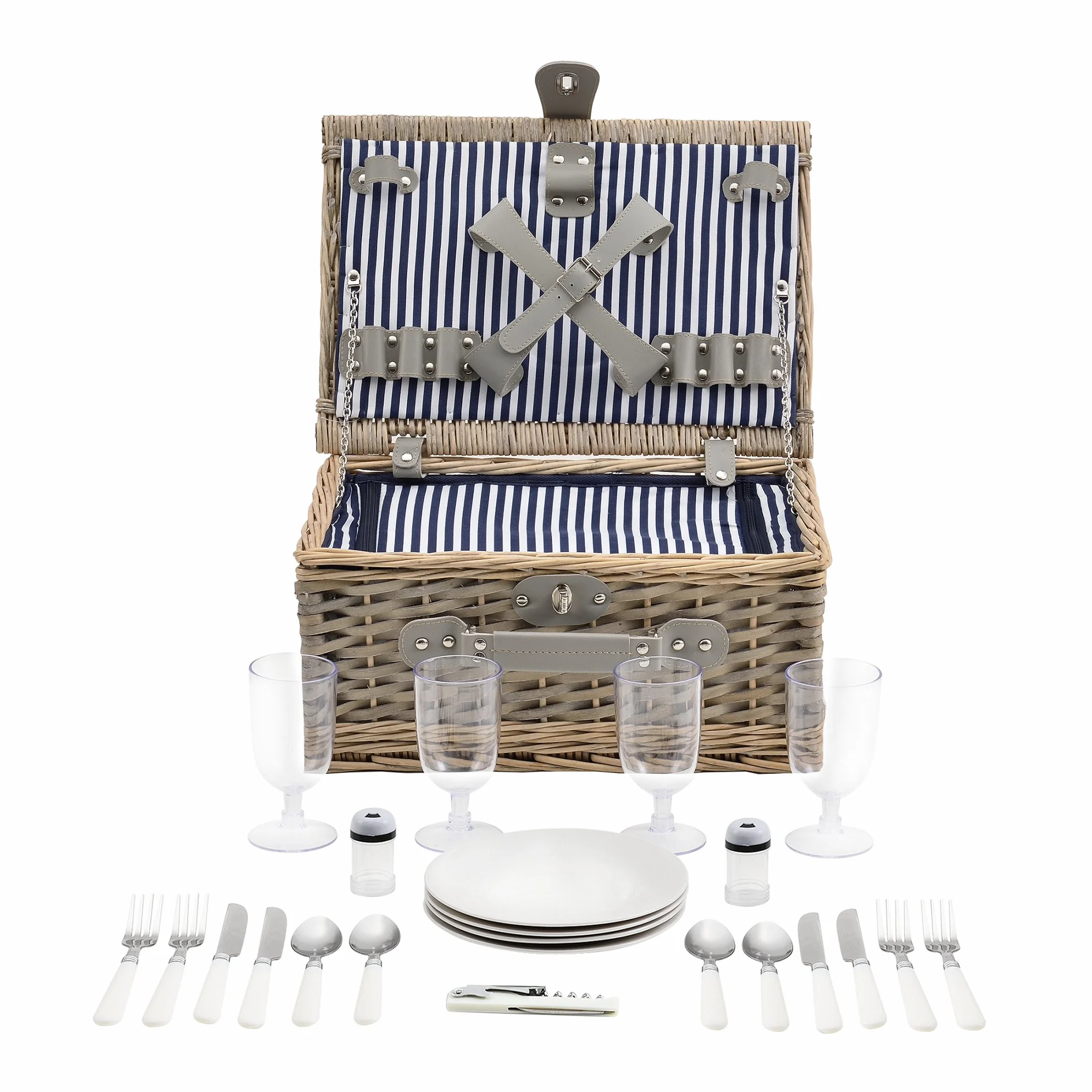 Cesta de pícnic para 4 Personas - Set de pícnic con Nevera, Incluye Platos, Cubiertos, sacacorchos y Vasos (Blanca/Azul)