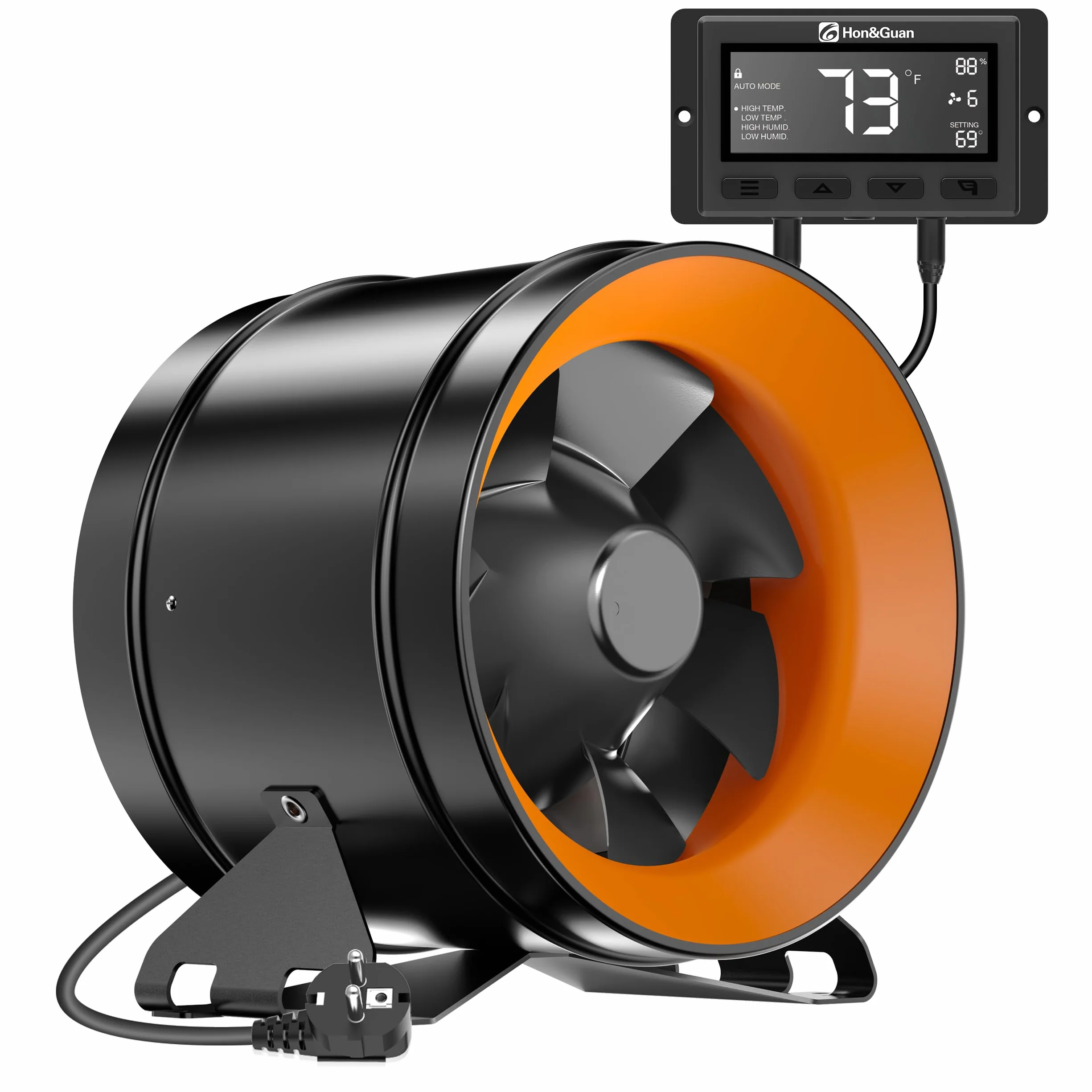 Hon&Guan EC - Ventilador de extractor, 200 mm, ajustable con sensor de humedad, regulador de velocidad, toma de la UE para tienda de cultivo, invernadero, filtro ático, garaje, impresoras 3D