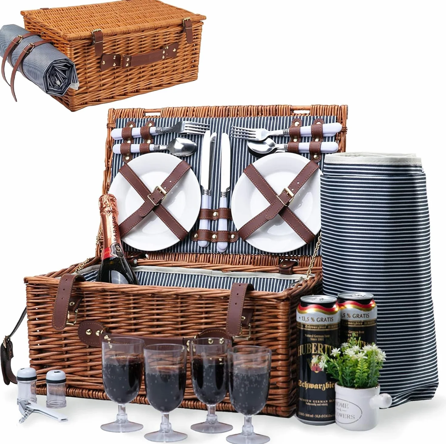 Cesta de Picnic para 4 Juegos - Picnic de Mimbre con Gran Compartimento Aislado y Manta Impermeable y Kit de Servicio de Cubiertos Retro Clásico Sauce Picnic Cesta para Camping al Aire Libre Fiesta