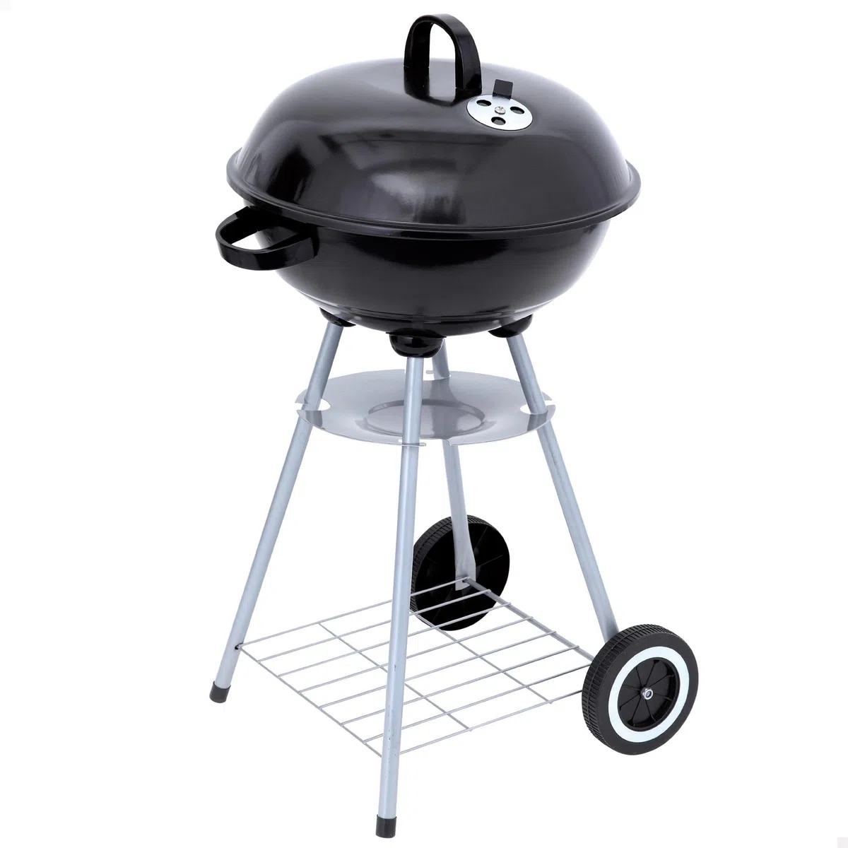 AKTIVE Barbacoa carbón portátil redonda 46x89 cm con tapa y rejilla de ventilación Doble parrilla con rejilla de ventilación 2 ruedas incorporadas para fácil transporte