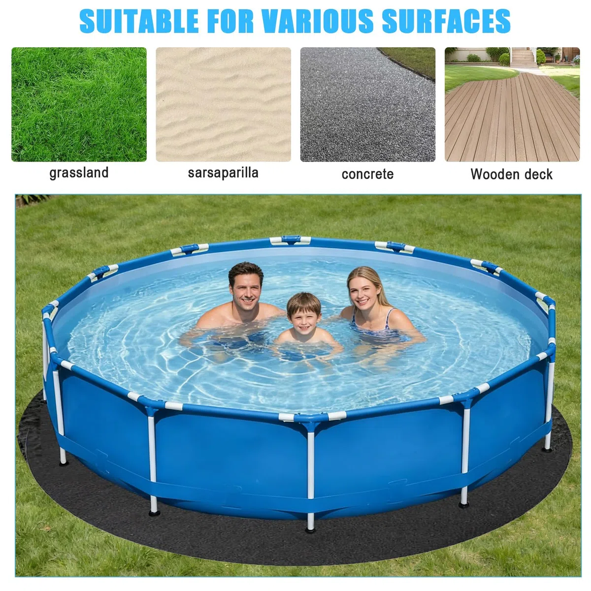 Base redonda para piscina de 370 cm – Base antideslizante para piscina al aire libre, protección del suelo para piscinas y jacuzzis, plegable, resistente, protección para la cubierta de