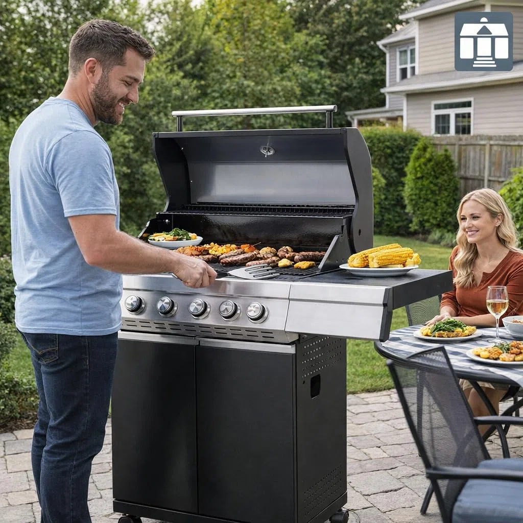 Tarrington House Barbacoa de gas Paxton de 4 + 1 Quemadores, Acero/Acero Inoxidable, Tapa con Termómetro, Mesa Auxiliar, Ruedas, Negro