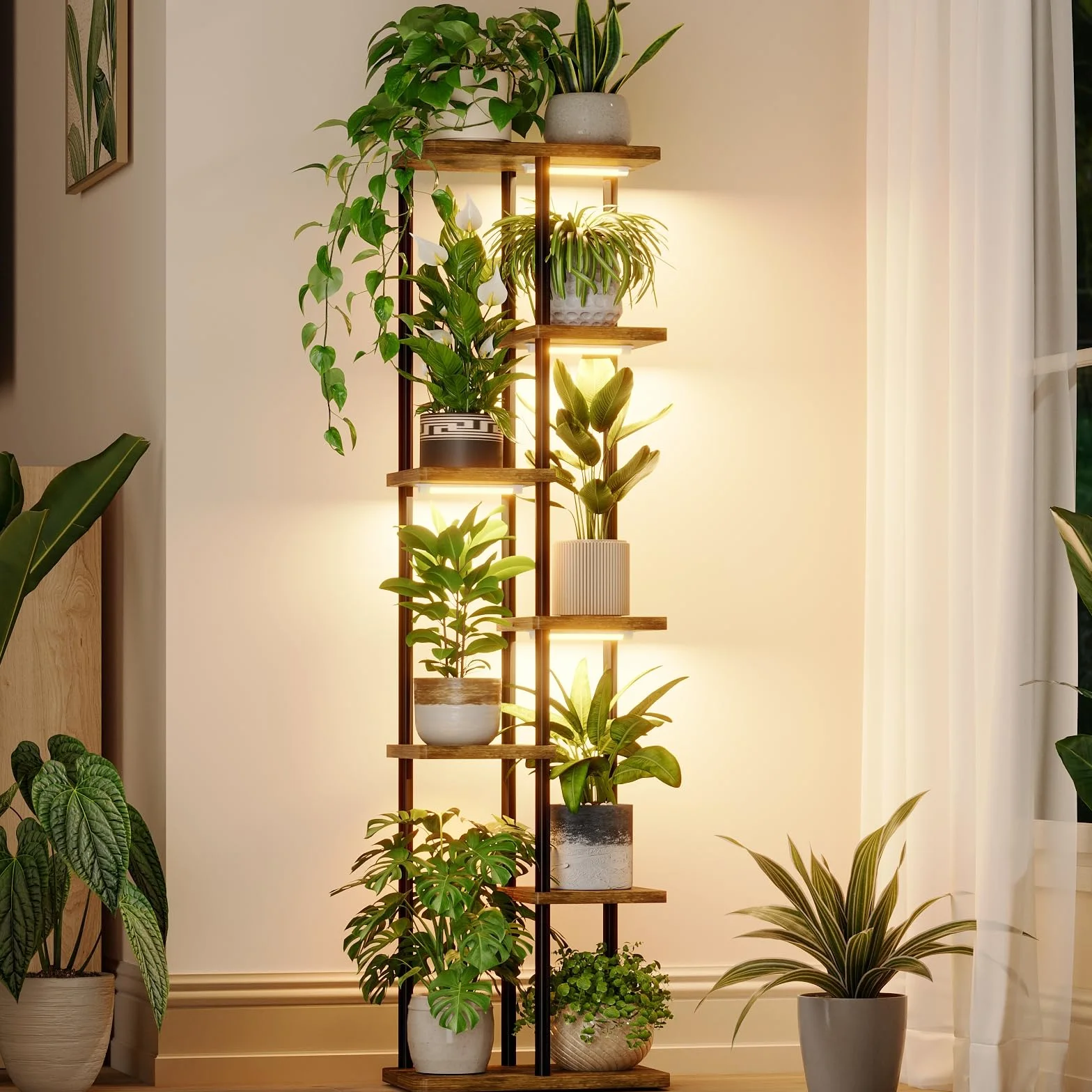 Bamworld Soporte para plantas de 7 Niveles con Luz de Crecimiento, Soporte de Metal Grande para Múltiples Plantas en Interior Exterior Jardín Balcón