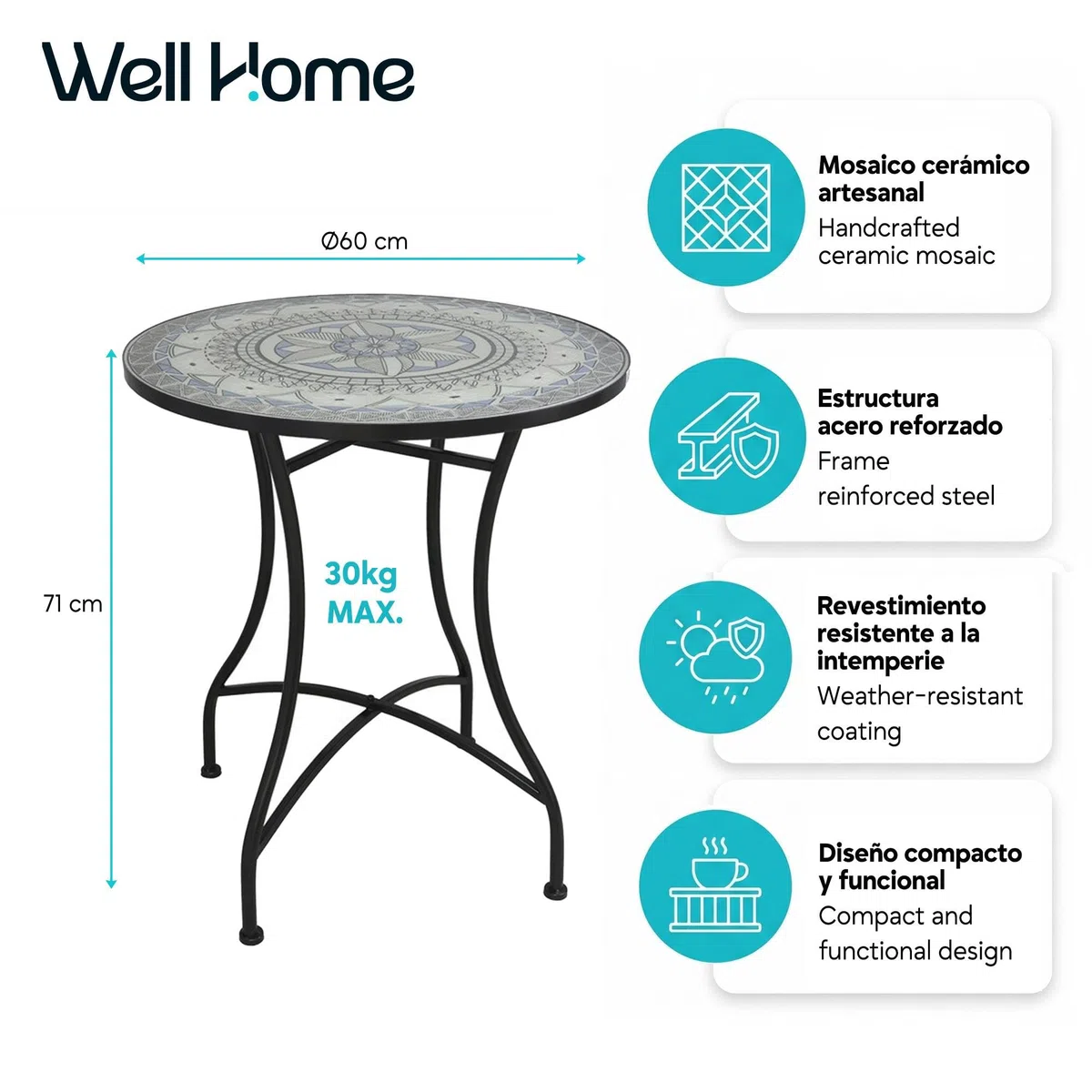 Mesa Auxiliar de Patio de Mosaico Redonda - Mesa de Café para Jardín y Terraza con Patas de Hierro Forjado Antióxido, Mesa Pequeña Decorativa para Exterior e Interior, Ø60x71, Modelo Santiago