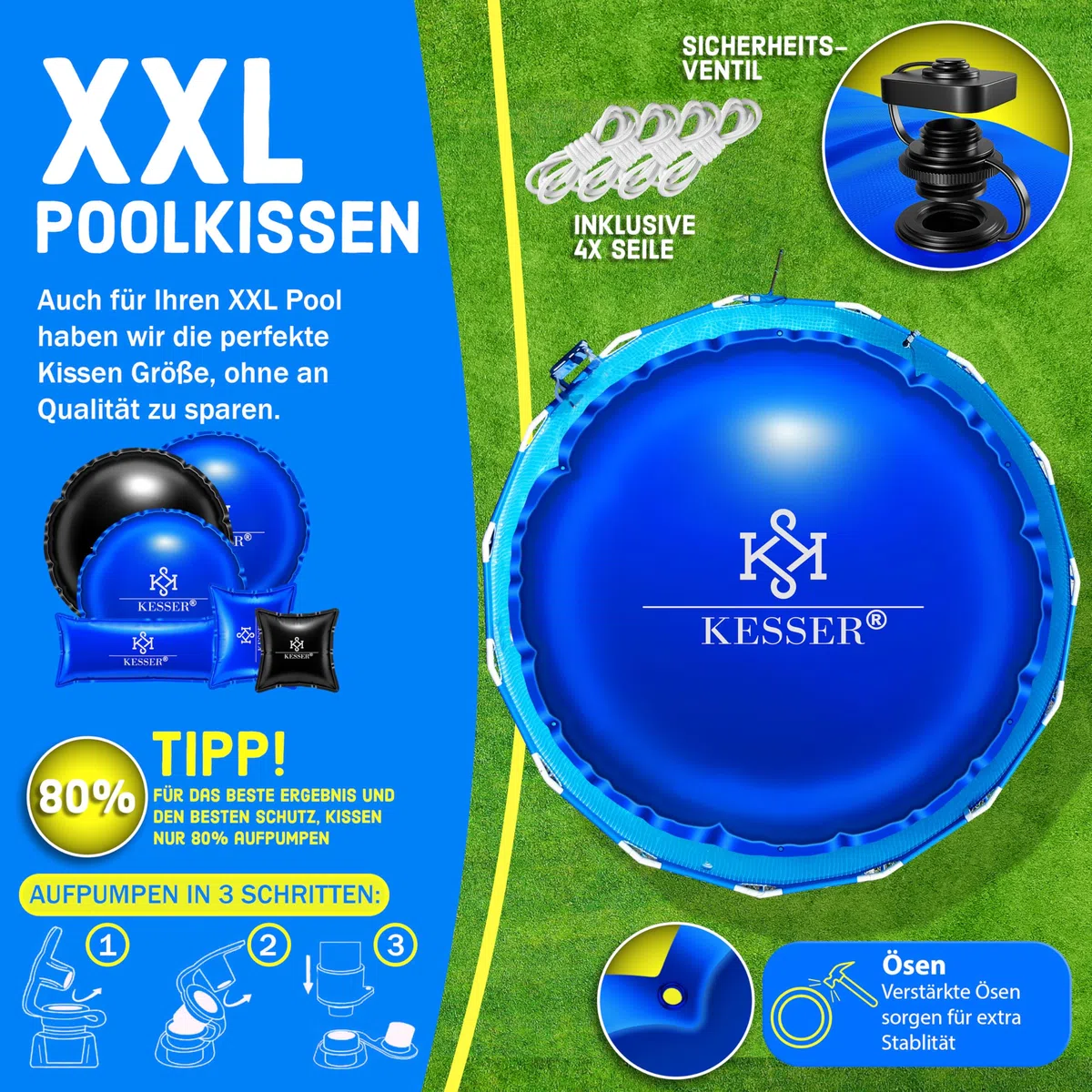 KESSER® Cojín de piscina de invierno de 400 cm | cubierta de piscina con doble costura Whirlpools | cojín de aire para piscina invernal | cubierta para piscinas empotradas de invierno | PVC