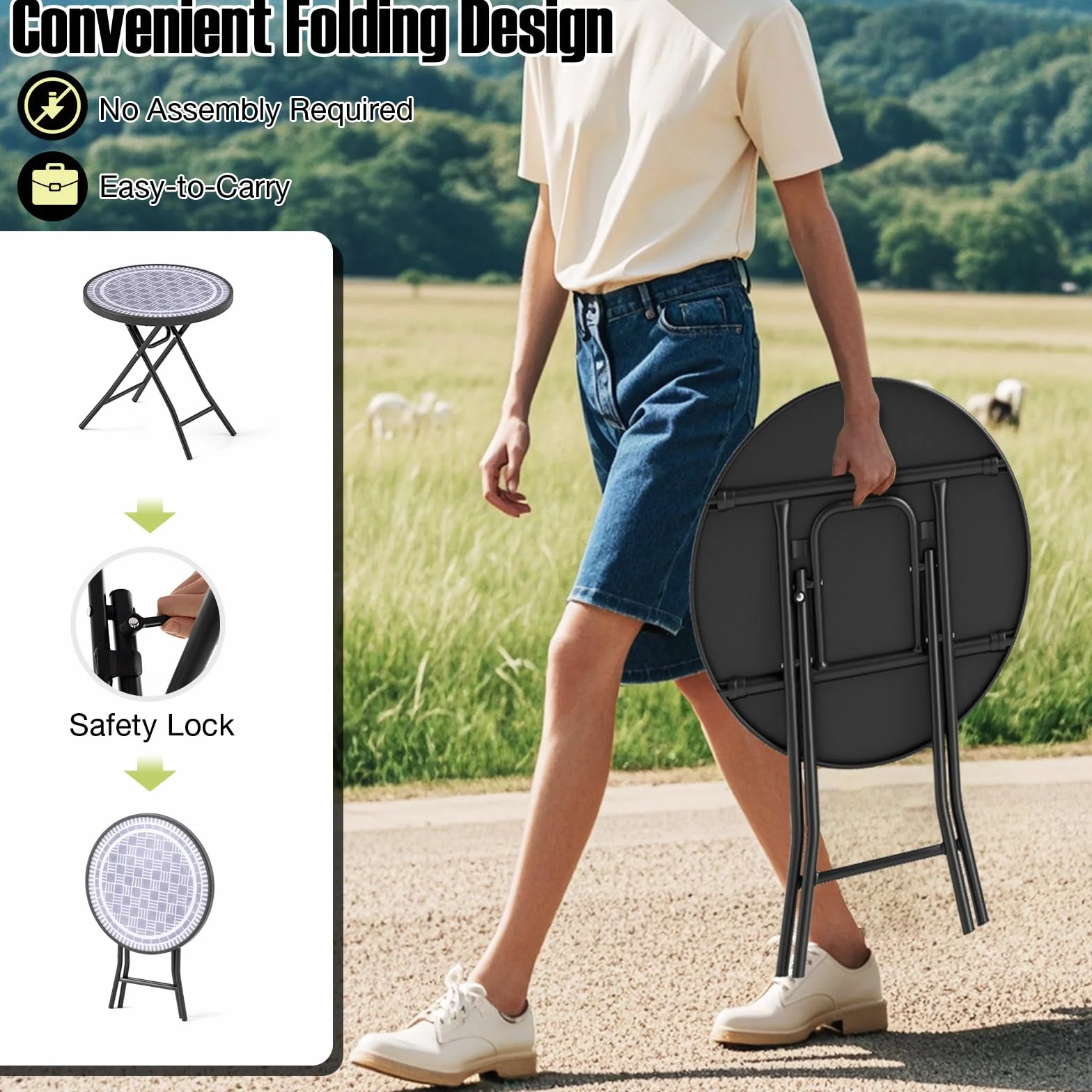 KOMFOTTEU Mesa de Jardín de Vidrio Templado de 46 cm, Mesa Auxiliar Plegable con Marco de Metal, Mesa de Comedor Redonda para Patio, Terreza, Balcón, Mesa Lateral para Interior y Exterior (Gris)
