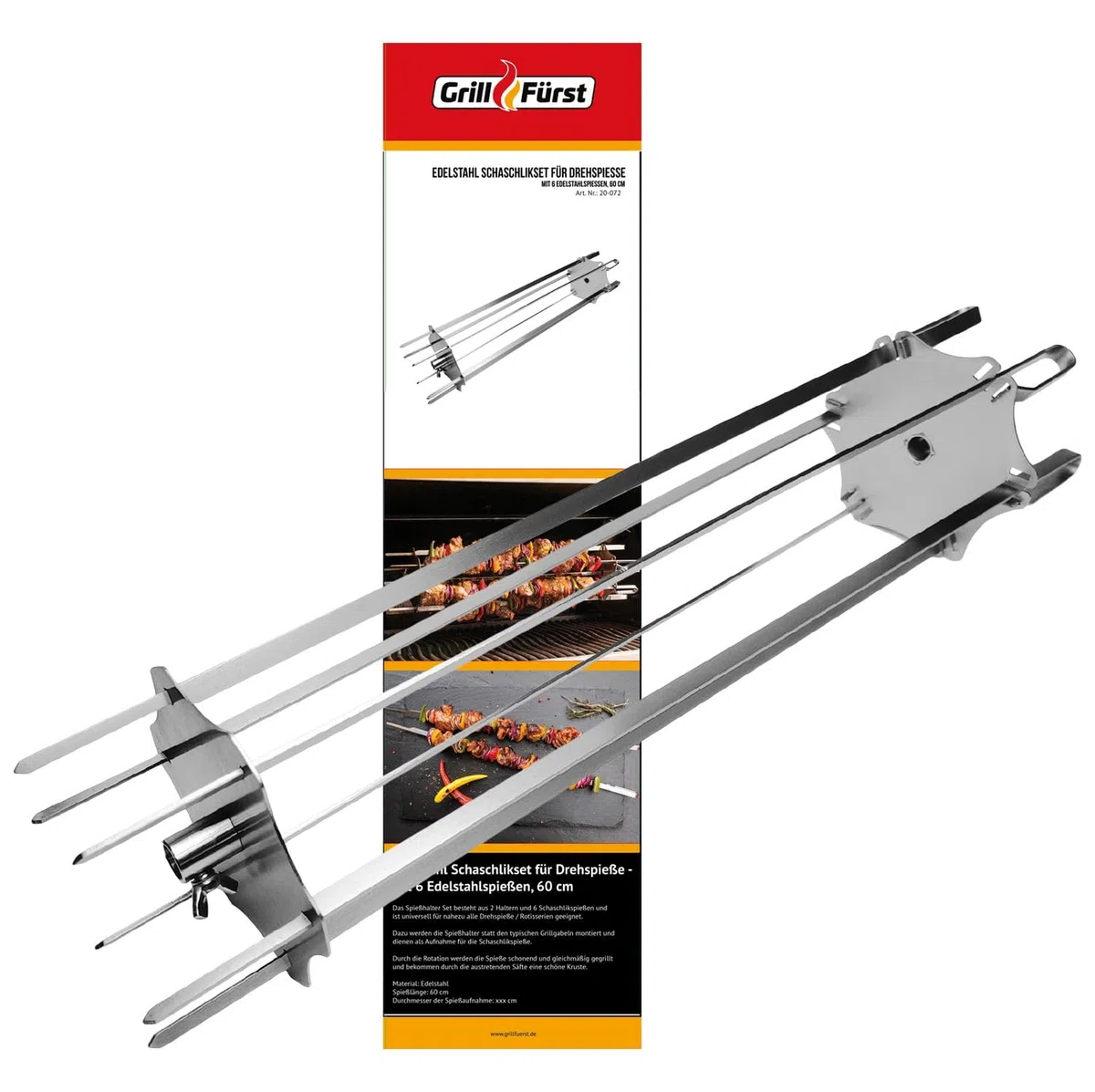 Grillfürst shashlik set para espetón giratorio y asador 60cm -Parrilla Barbacoa Giratorio - Brochetas para Asador de Barbacoa de Acero Inoxidable - Pincho Giratorio para Barbacoa Parrilla