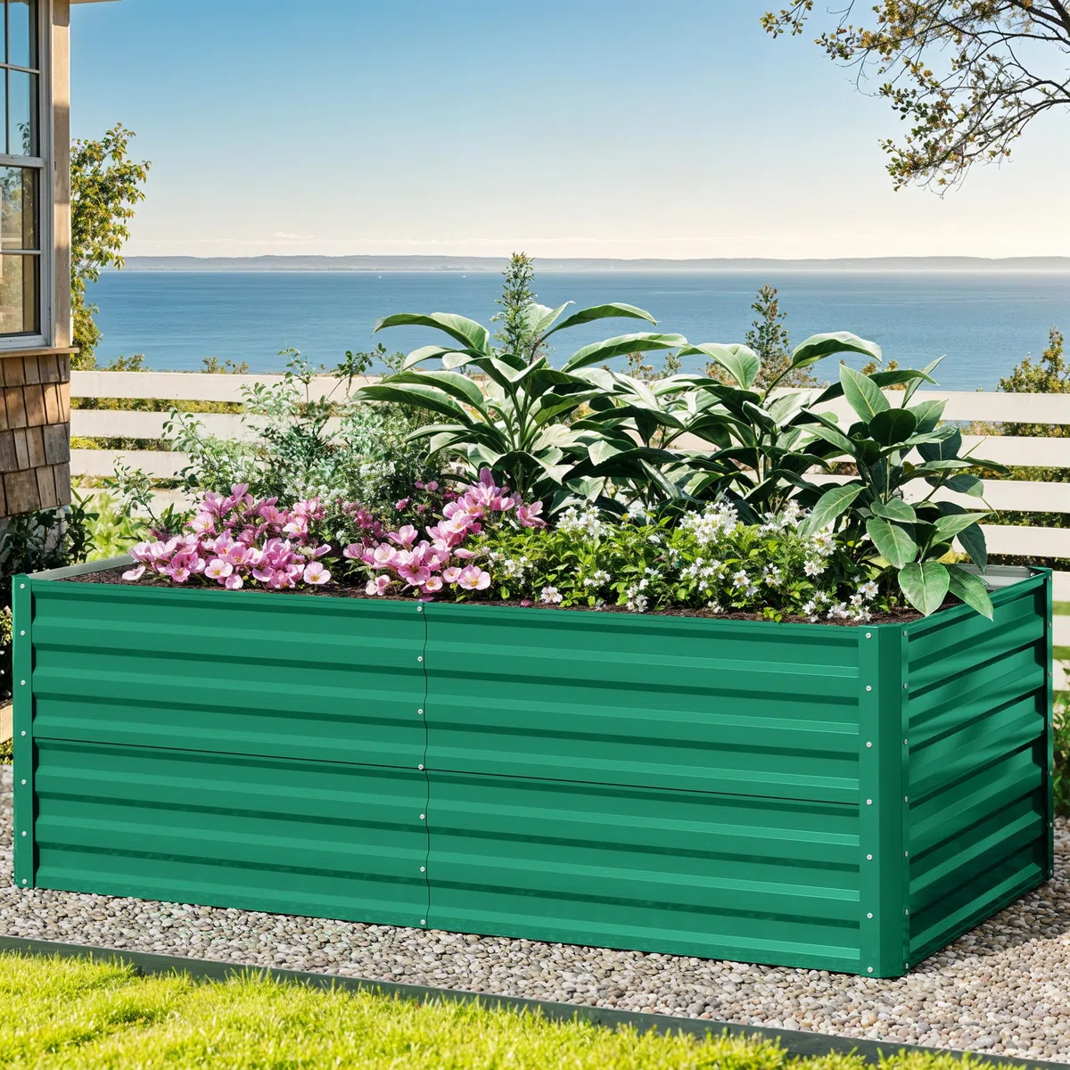 DWVO Bancal de Metal 180 x 90 x 60 cm con Guantes, bancal Alto de Acero Inoxidable y Resistente a la Intemperie, Estable galvanizado con Goma de Seguridad para Verduras, Flores, Frutas, Verde
