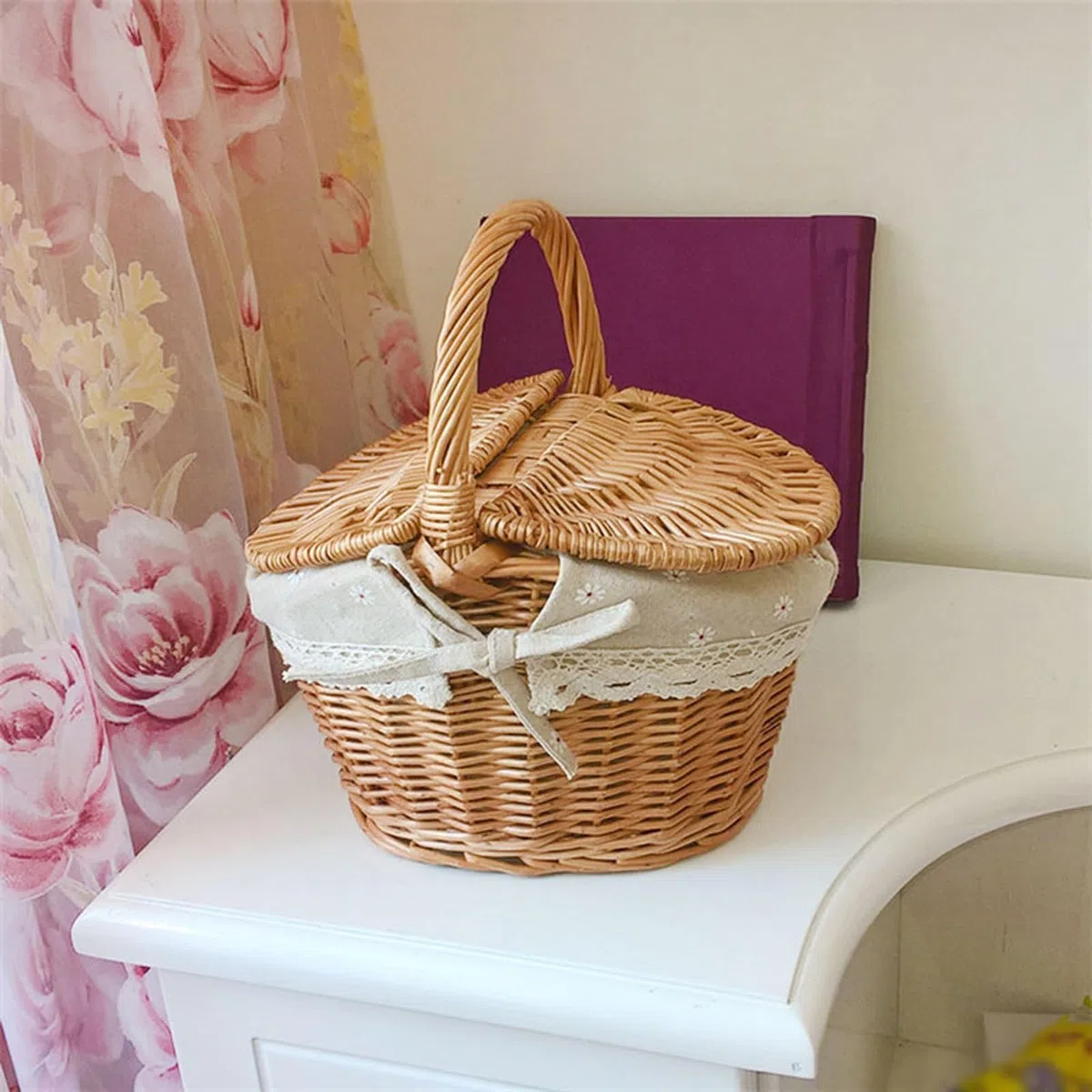 Cesta de Picnic de Mimbre con Tapa y Asa, Cuerpo Tejido Resistente con Forro Lavable, Cesta Tejida a Mano para Picnic, Pascua, Día de la Madre, Camping Al Aire Libre