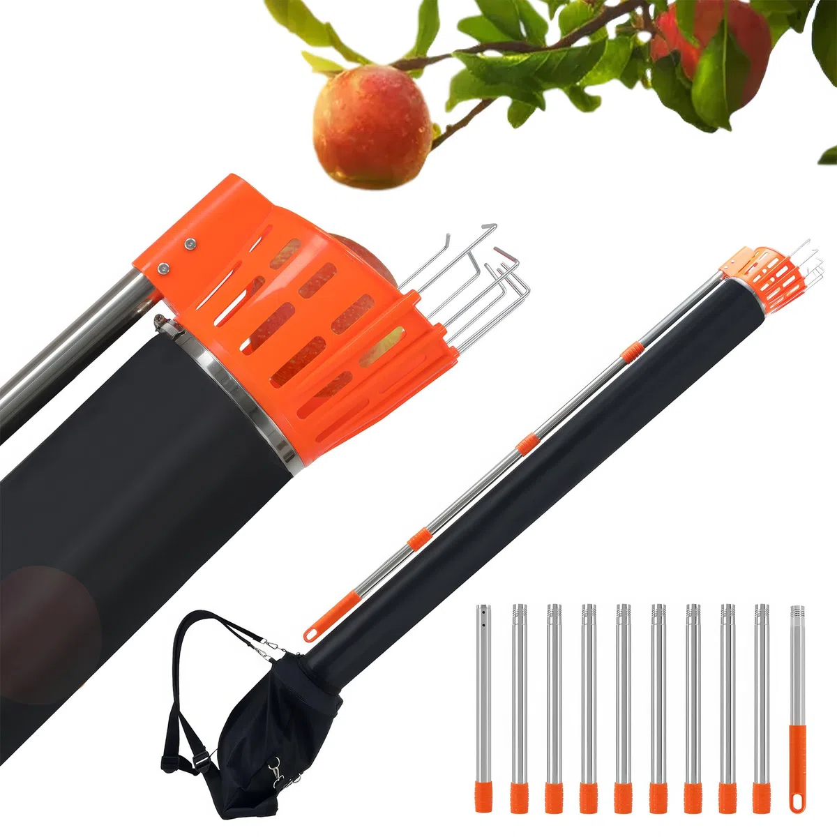 BOUDECH Pamatik – Recolector de frutas con embudo con mango telescópico de 4 m con soporte y bolsa de tela para recoger manzanas, naranjas, peras naranja y negro