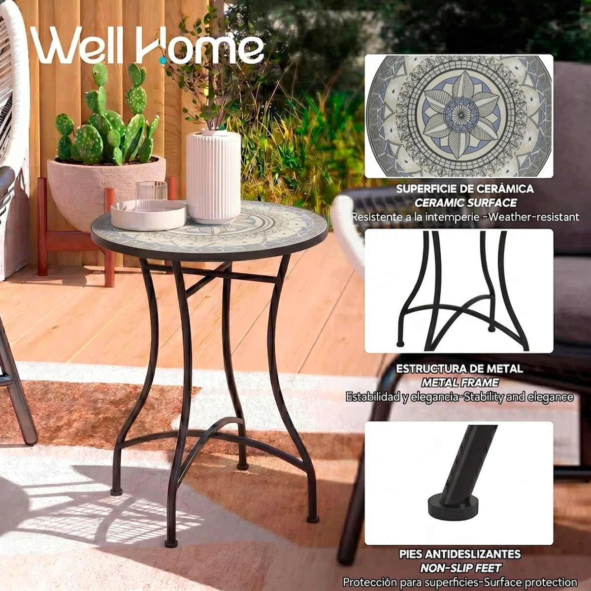 Mesa Auxiliar de Patio de Mosaico Redonda - Mesa de Café para Jardín y Terraza con Patas de Hierro Forjado Antióxido, Mesa Pequeña Decorativa para Exterior e Interior, Ø60x71, Modelo Santiago