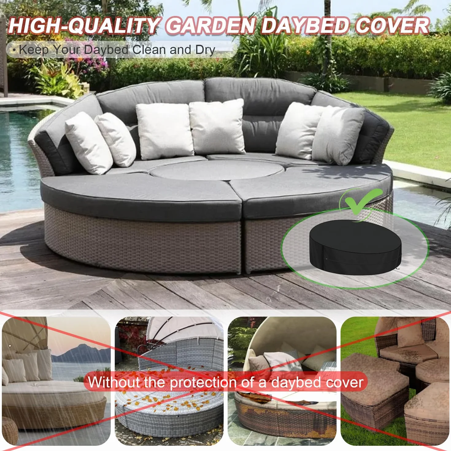 LAMUNI Funda Cama Jardin Impermeable 250x90/50cm Funda de Cama Redonda Cubierta Sofa Cama Exterior 420D Tela Oxford Funda Sofá Cama de Exterior Funda Protectora para Isla de Sol