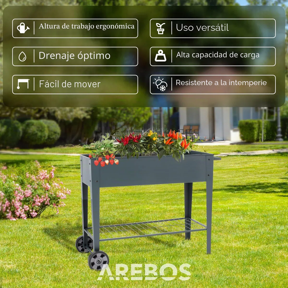 Arebos Banco Elevado con Ruedas y Estante 108 x 51 x 80 cm | Ideal para Cultivo de Verduras, Frutas y Hierbas Aromáticas | Invernadero, Jardinera para Jardín, Terraza o Balcón