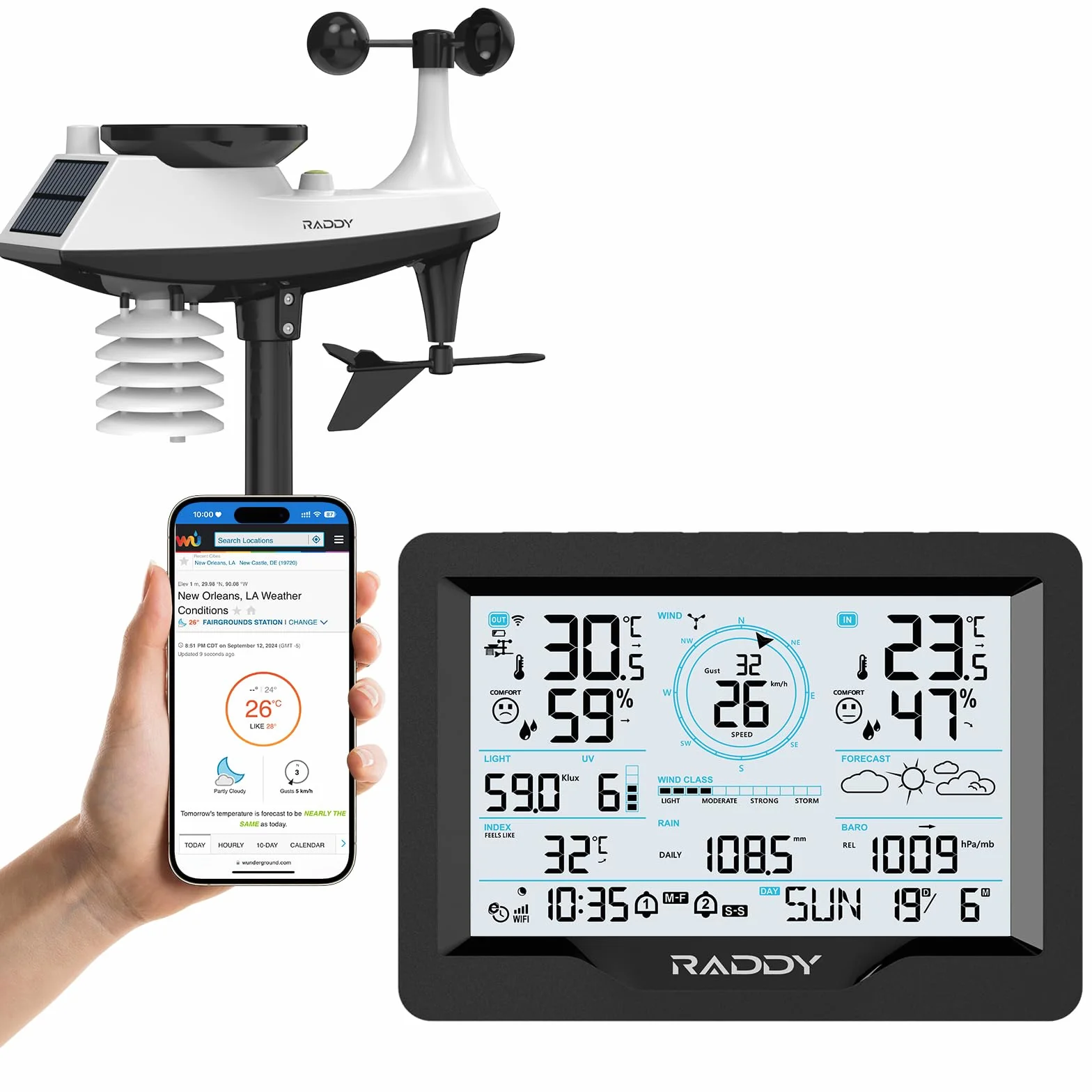Raddy MN6 Estación Meteorológica WiFi, Inalámbrica 15 en 1 para Interior y Exterior, Monitor de Temperatura, Humedad, Presión Atmosférica, Pluviómetro, Velocidad del Viento, UV, Pronóstico del Tiempo