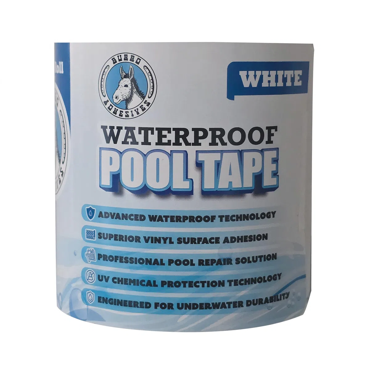 Burro Adhesives - Cinta impermeable blanca para piscina, 4 x 10 pies, vinilo de PVC resistente para reparación de piscinas subacuáticas y secas, piscinas comerciales y residenciales, sella