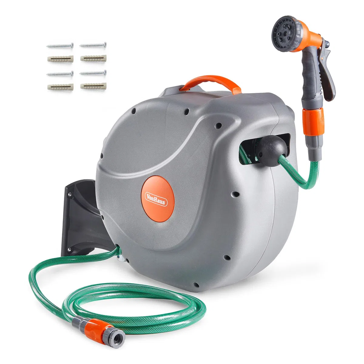 VonHaus Enrollador de Manguera de 20 m: Enrollador de Manguera de pared para Jardín, Retráctil, con Bloqueo Automático, incluye Accesorios de Montaje y pistola rociadora con 8 funciones