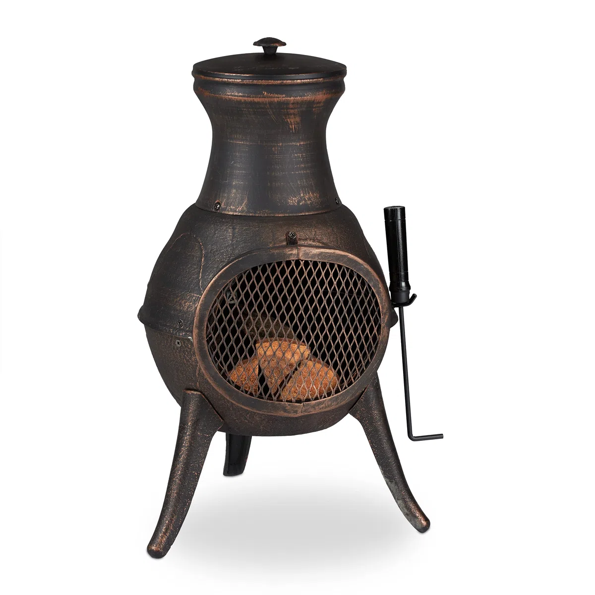 Relaxdays Chimenea Exterior, Estufa Jardín con Atizador, 71,5x39x35 cm, Brasero Terraza Hierro Fundido, Negro y Bronce