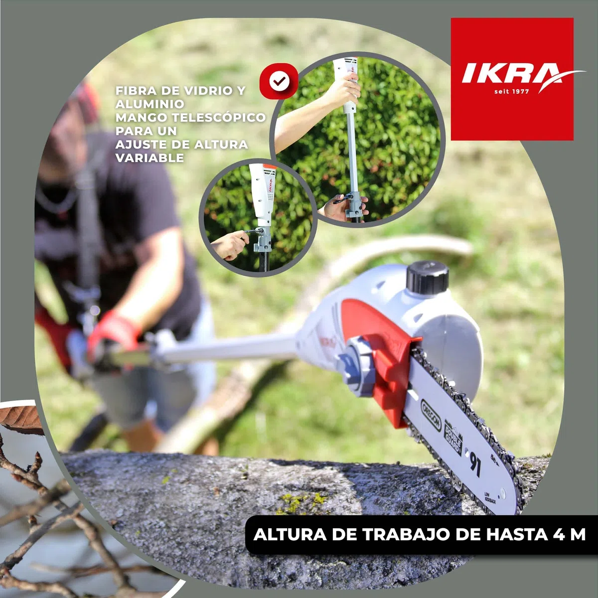 IKRA podadora de altura sierra telescópica eléctrica IEAS 750, alcance 4m, incl. correa de hombro, lima & escudo protector