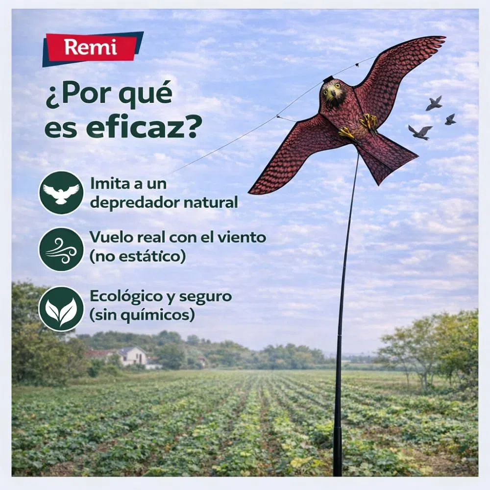 Remi Hogar Cometa Espantapájaros Halcón 6 m con Mástil Telescópico Ahuyentador de Aves y Palomas para Huertos, Jardines y Cultivos | Repelente Visual Ecológico Exterior