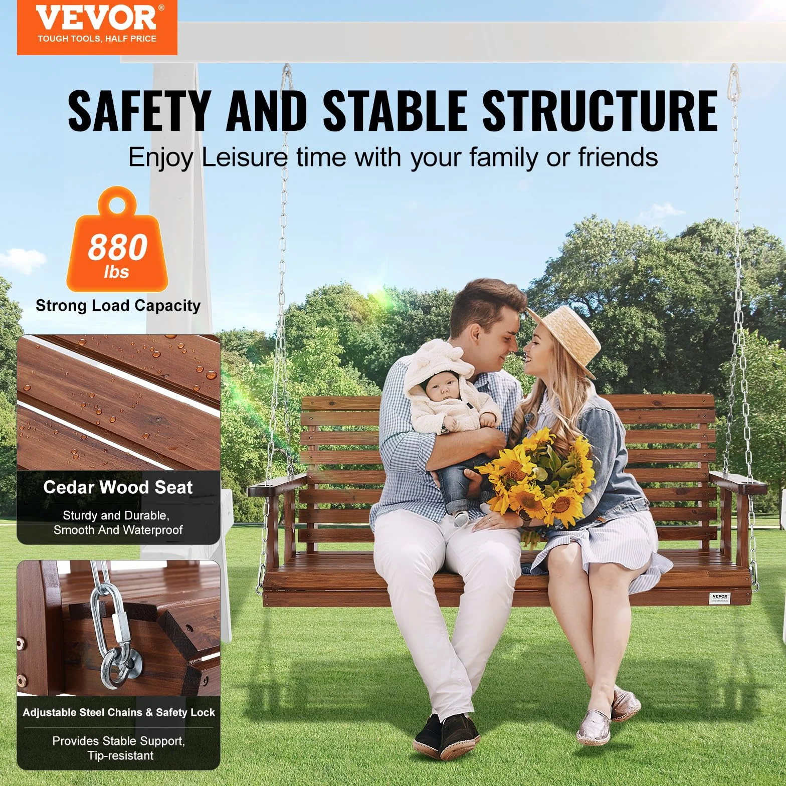 VEVOR Columpio de Madera para Porche 152x71x60cm, Columpio de Banco para Patio y Jardín, Capacidad de Carga Fuerte Mejorada de 880 Libras, Banco de Silla con Cadenas Colgantes para Exteriores, Marrón
