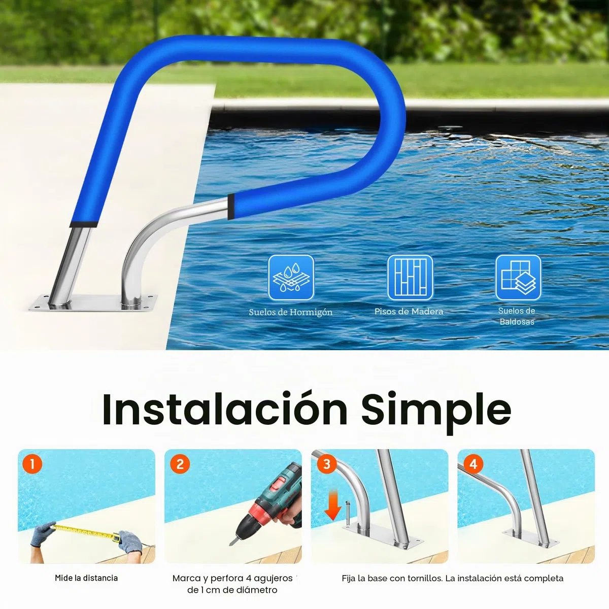 Barra de apoyo de piscina de acero inoxidable, pasamanos de piscina, diseño curvo, para piscinas, spas, parques acuáticos, etc. Carga máxima: 130 kg, plata