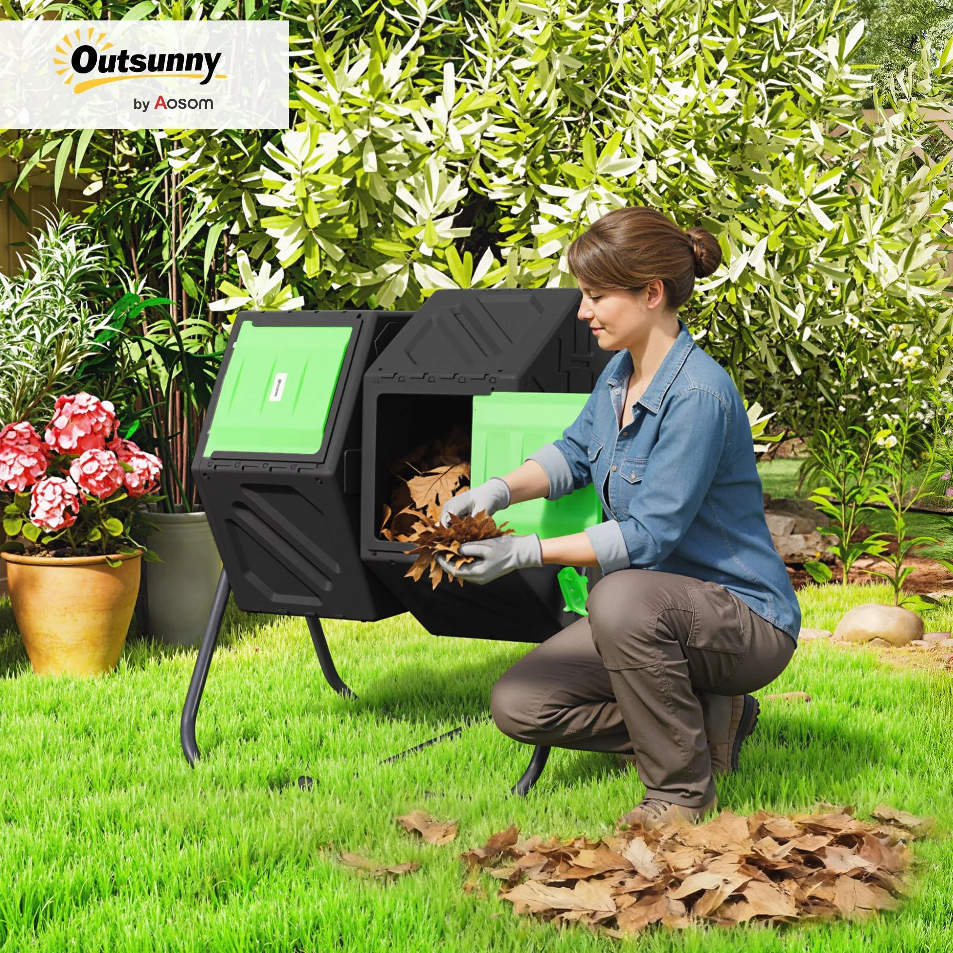 Outsunny Compostador Giratorio de 130L Contenedor de Compostaje de Jardín de Doble Cámara Compostadora con Aberturas de Ventilación y Patas de Acero 67x60x77 cm Negro