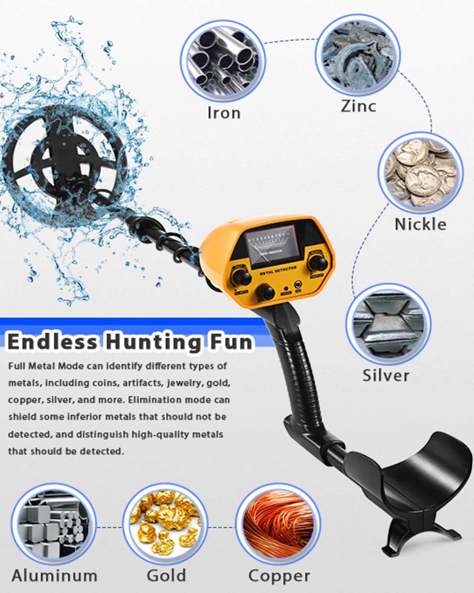 Detector de Metales Alta Precisión y Impermeables Altura Ajustable 78-108 cm, Detector de Oro 2 Libras con Bobina de Búsqueda 25 cm y Conector para Auriculares Profundidad Máxima de 20 cm