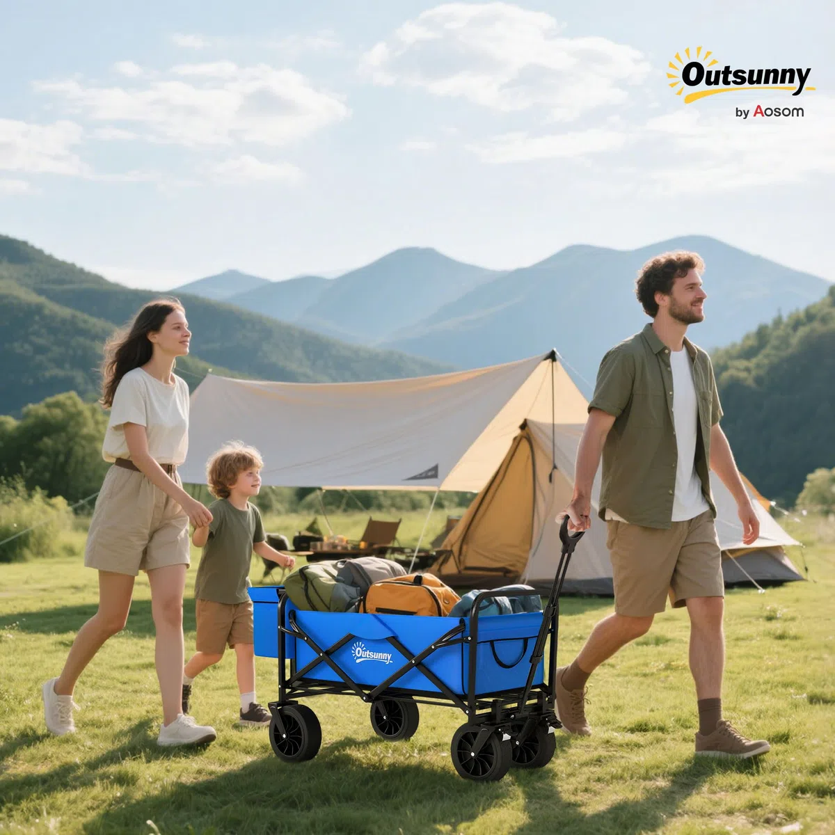 Outsunny Carro Plegable con Ruedas Grandes con Bolsa Térmica Desmontable Carro para Playa con Longitud y Ángulo del Mango Ajustables y Bolsa Transporte Carga 100 kg para Compra Jardín Exterior Azul