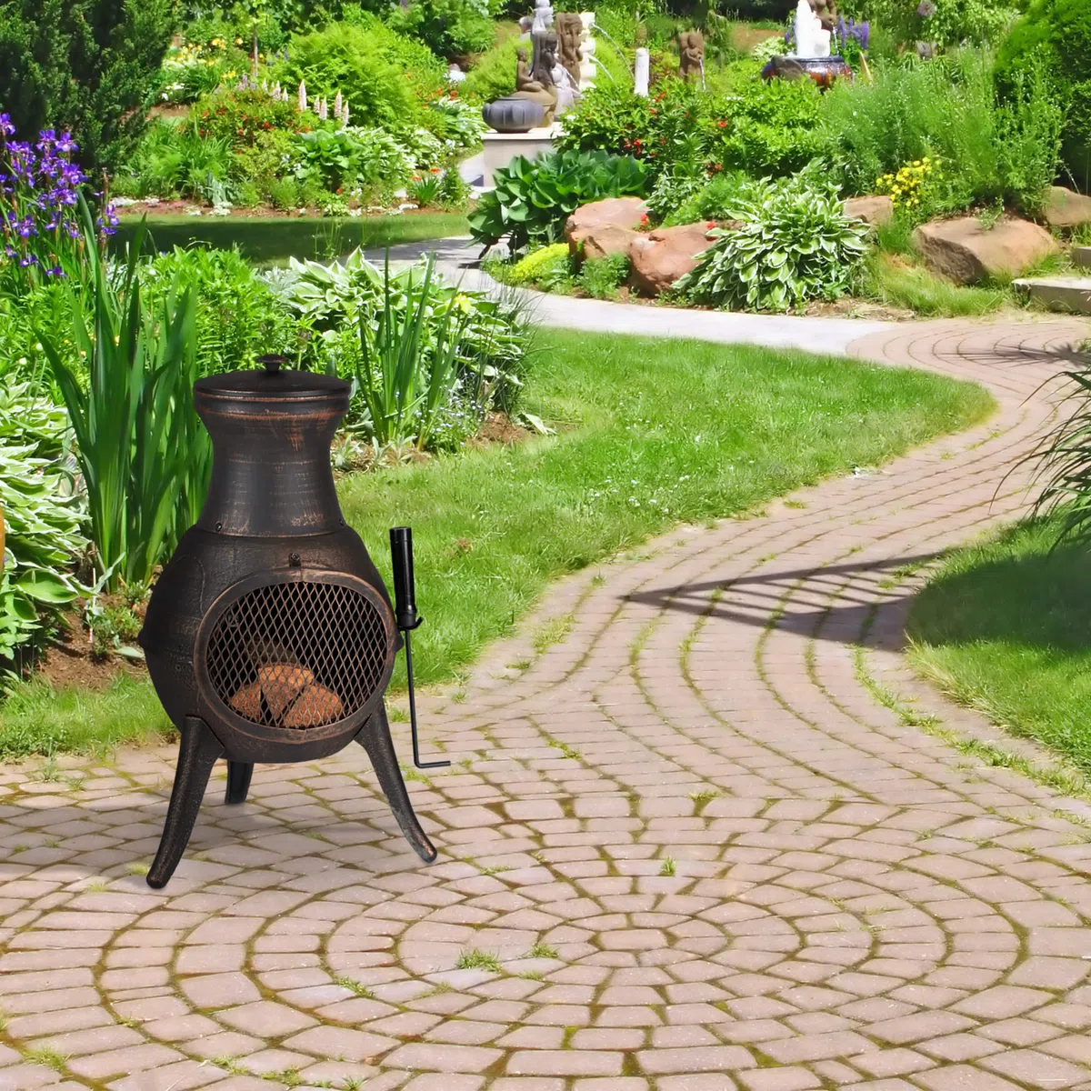 Relaxdays Chimenea Exterior, Estufa Jardín con Atizador, 71,5x39x35 cm, Brasero Terraza Hierro Fundido, Negro y Bronce