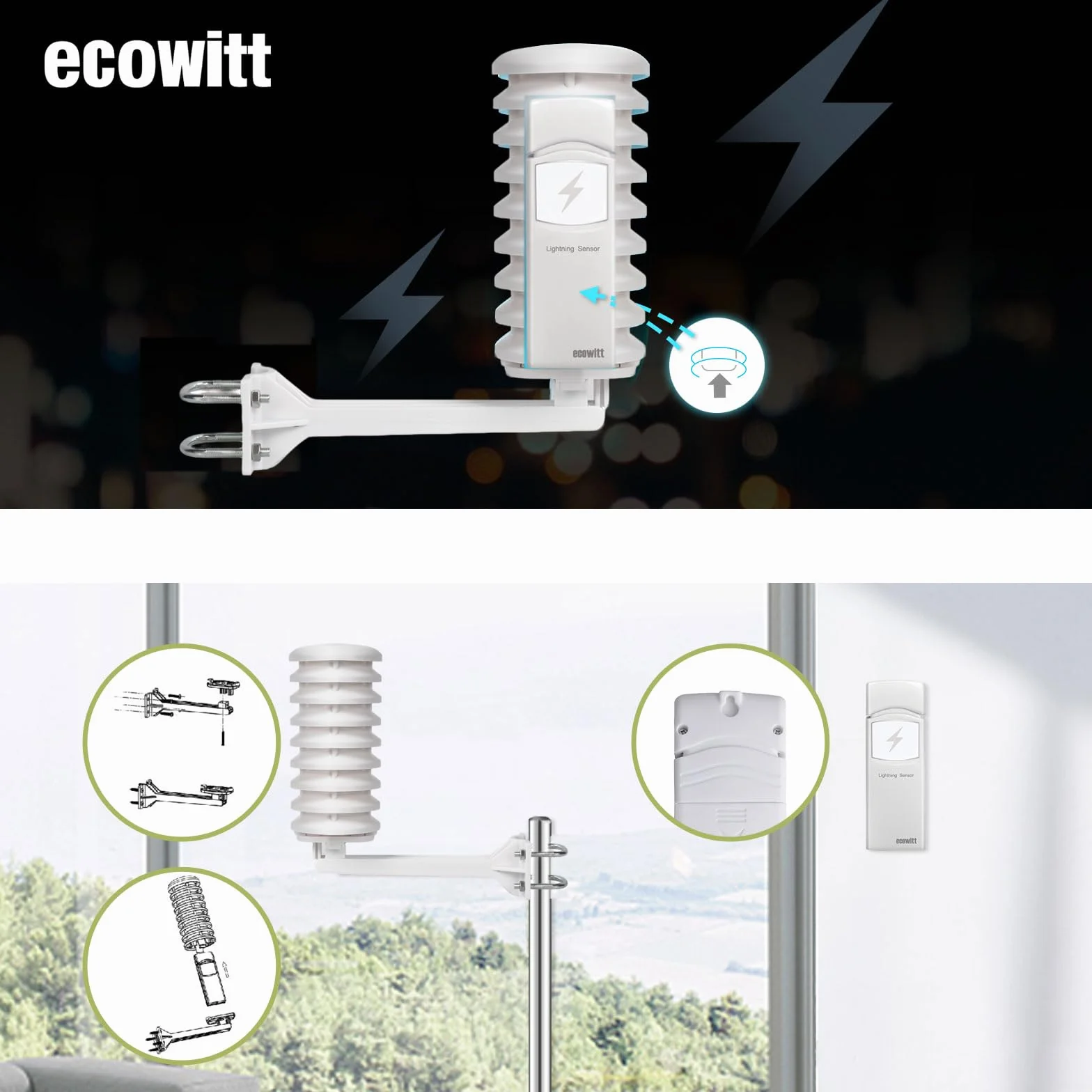 Ecowitt Sensor de detección de rayos inalámbrico WH57, sensor de estación meteorológica exterior para el ecosistema Ecowitt, solo accesorio 868MHz