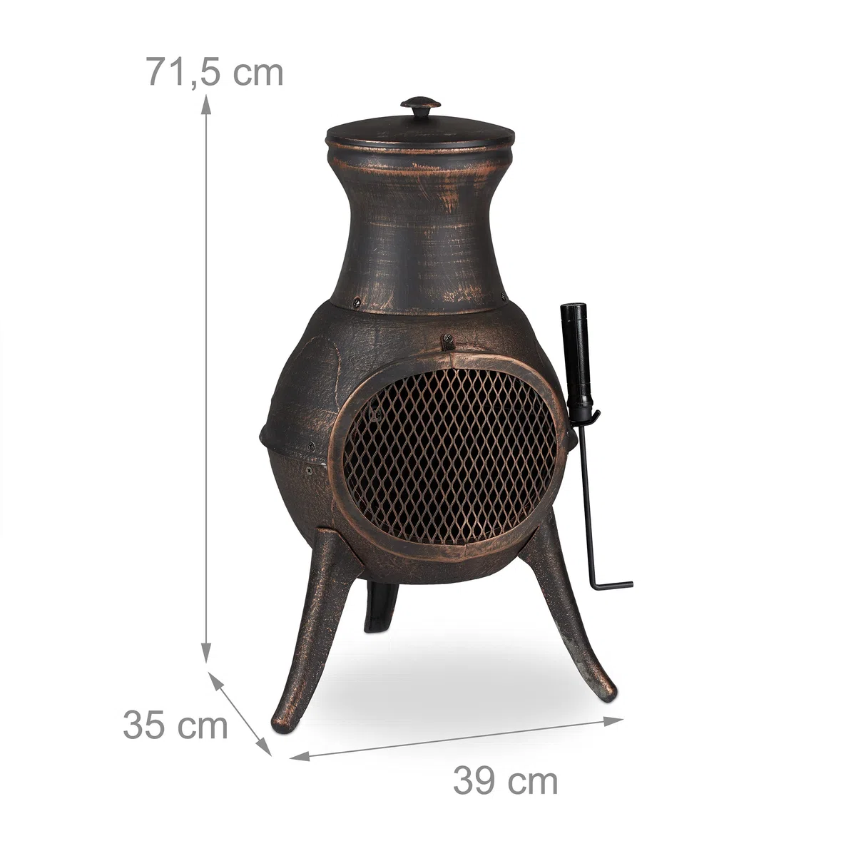 Relaxdays Chimenea Exterior, Estufa Jardín con Atizador, 71,5x39x35 cm, Brasero Terraza Hierro Fundido, Negro y Bronce